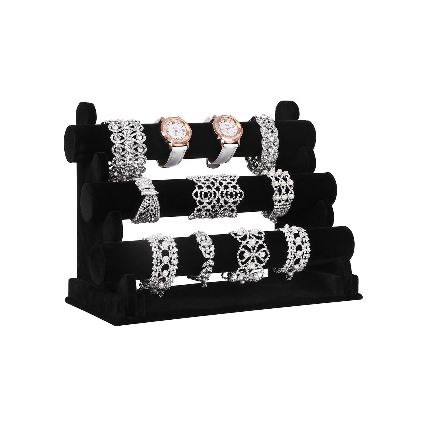 Jewellery Display Stand - Velvet - Black - 3-Bar Tangle-Free Organizer