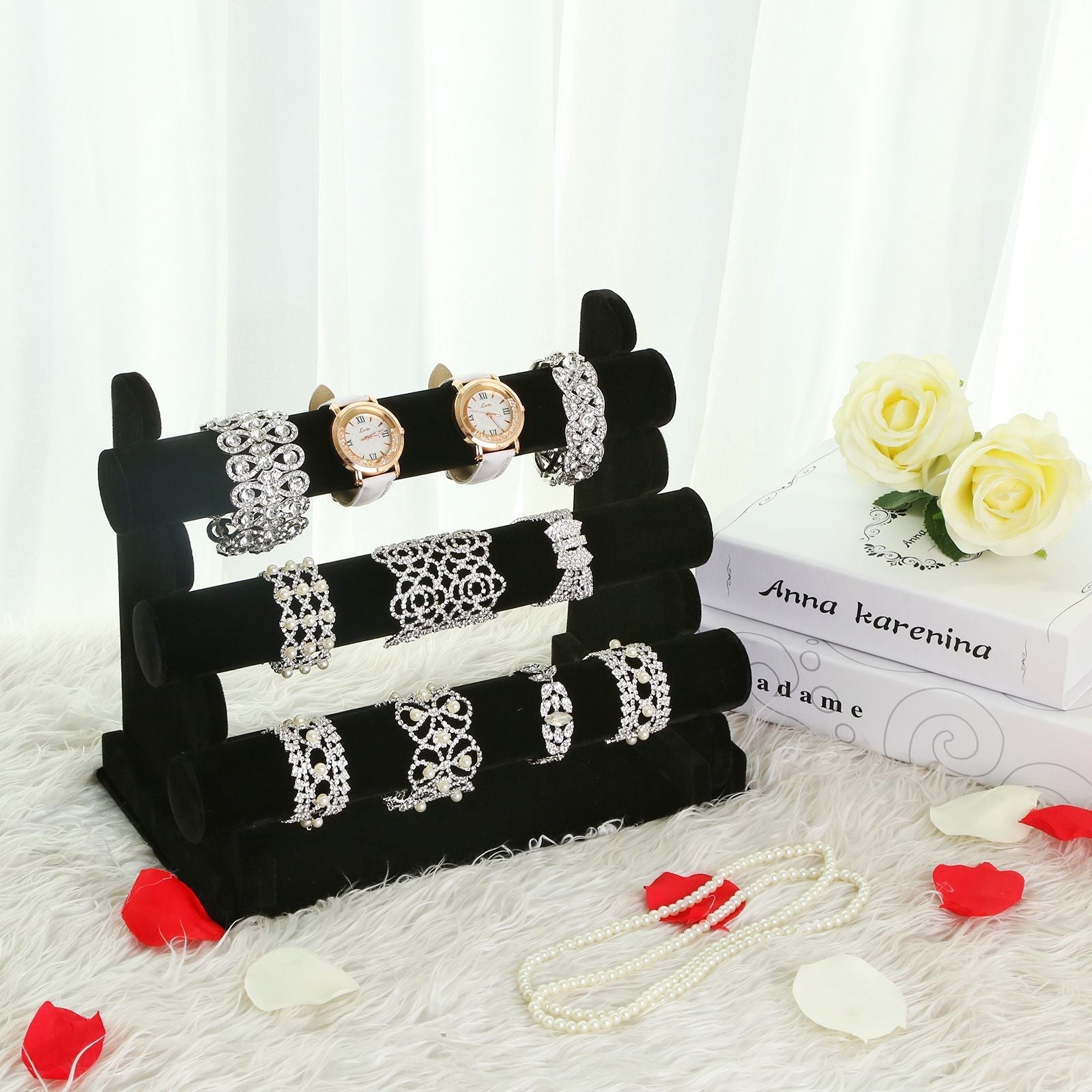 Jewellery Display Stand - Velvet - Black - 3-Bar Tangle-Free Organizer