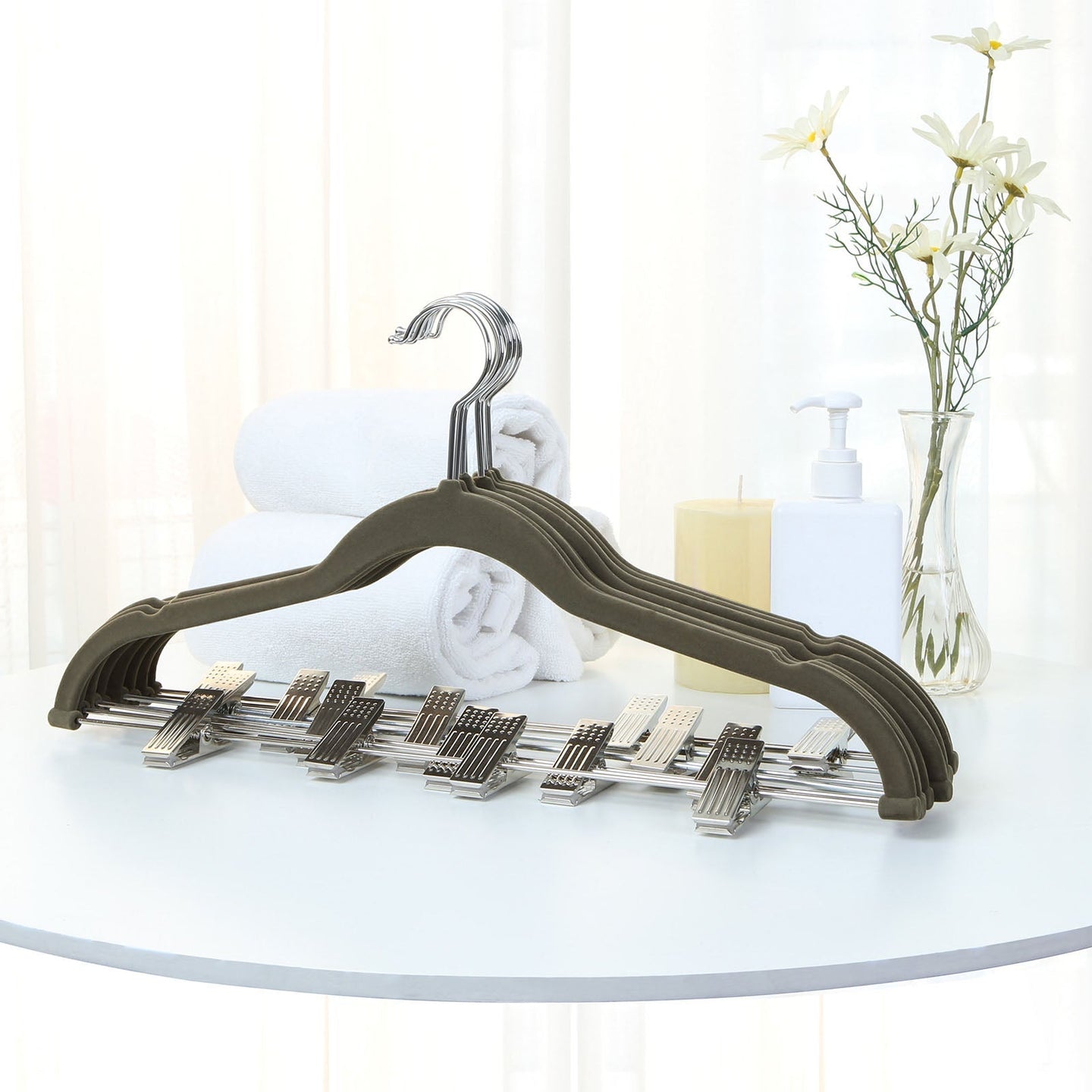 Velvet Trouser Hangers - Velvet - Grey - Non-Slip with 360 Rotating Hook and Clips