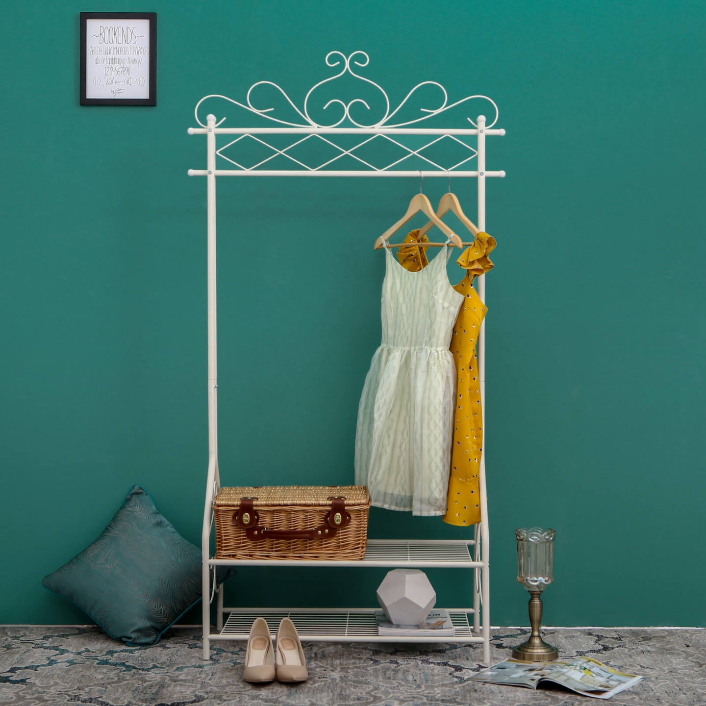 Vintage Coat Rack - Metal - Cream - Includes Garment Rail and 2 Shelves