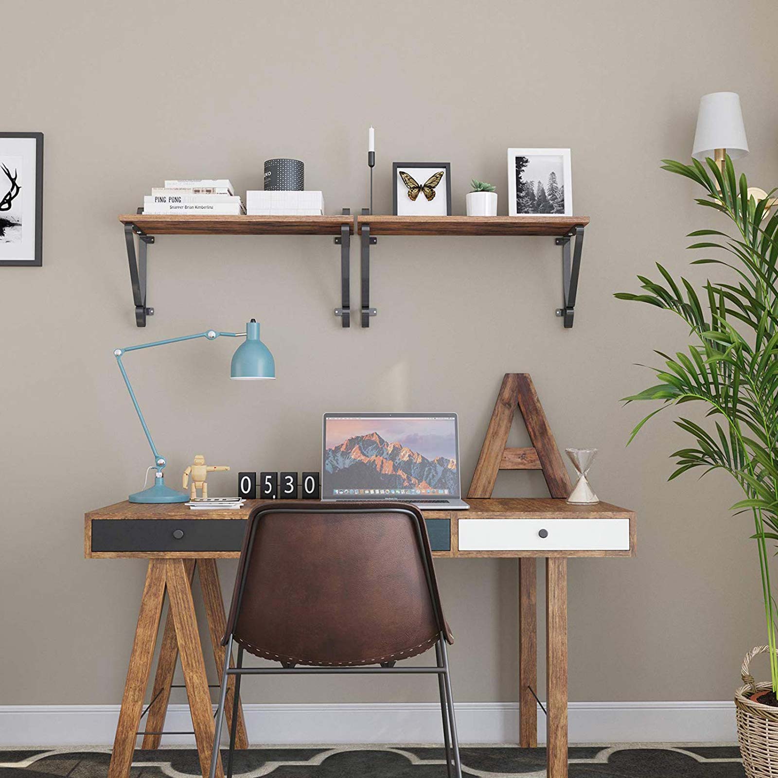 Vintage Floating Shelves - Wood - Rustic Brown - Set of 2 Wall Mounted Display Ledges