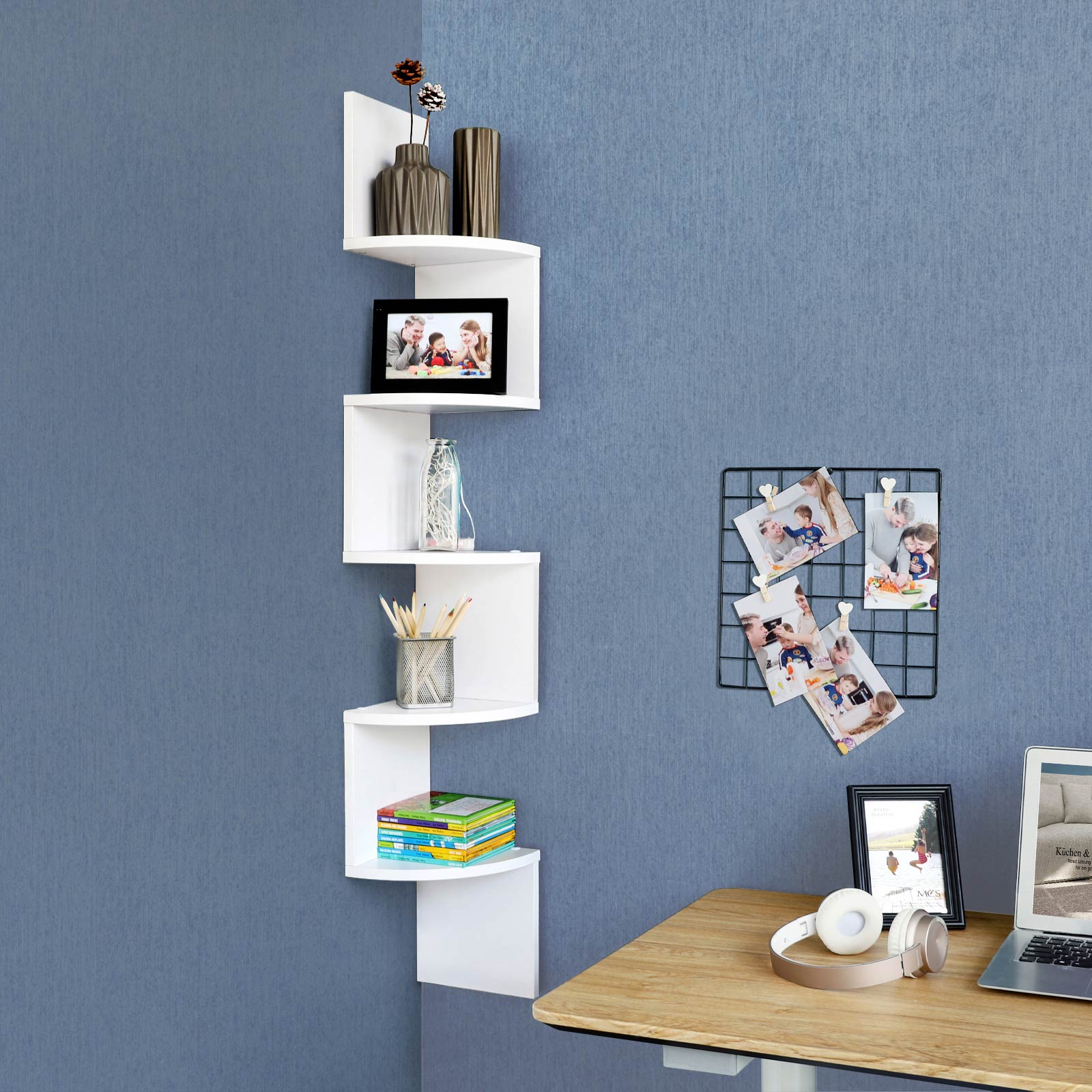 5-Tier Floating Wall Corner Shelf - Wood - White - Zigzag Design