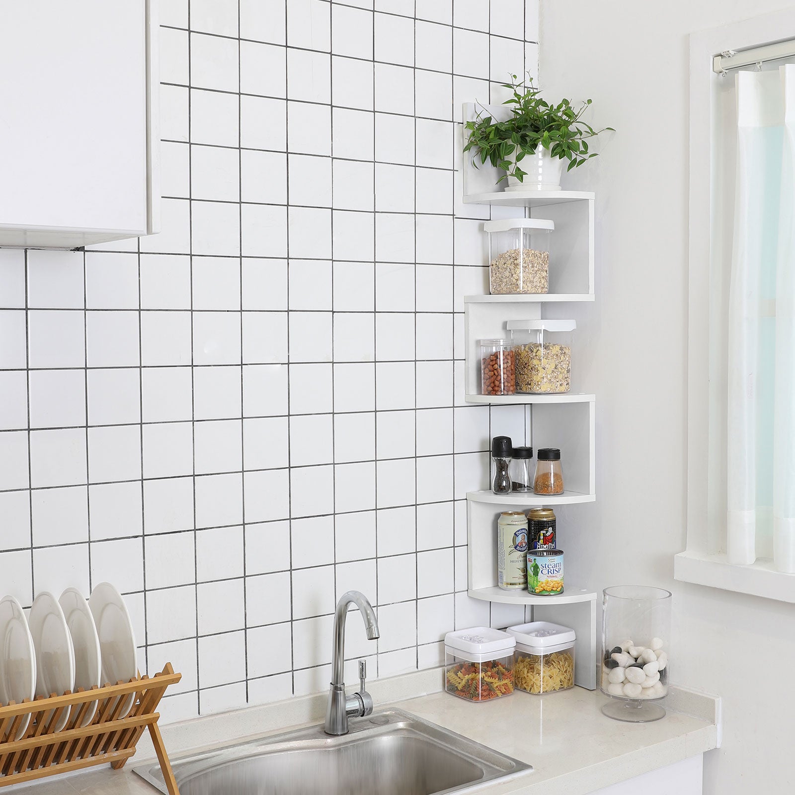 5-Tier Floating Wall Corner Shelf - Wood - White - Zigzag Design