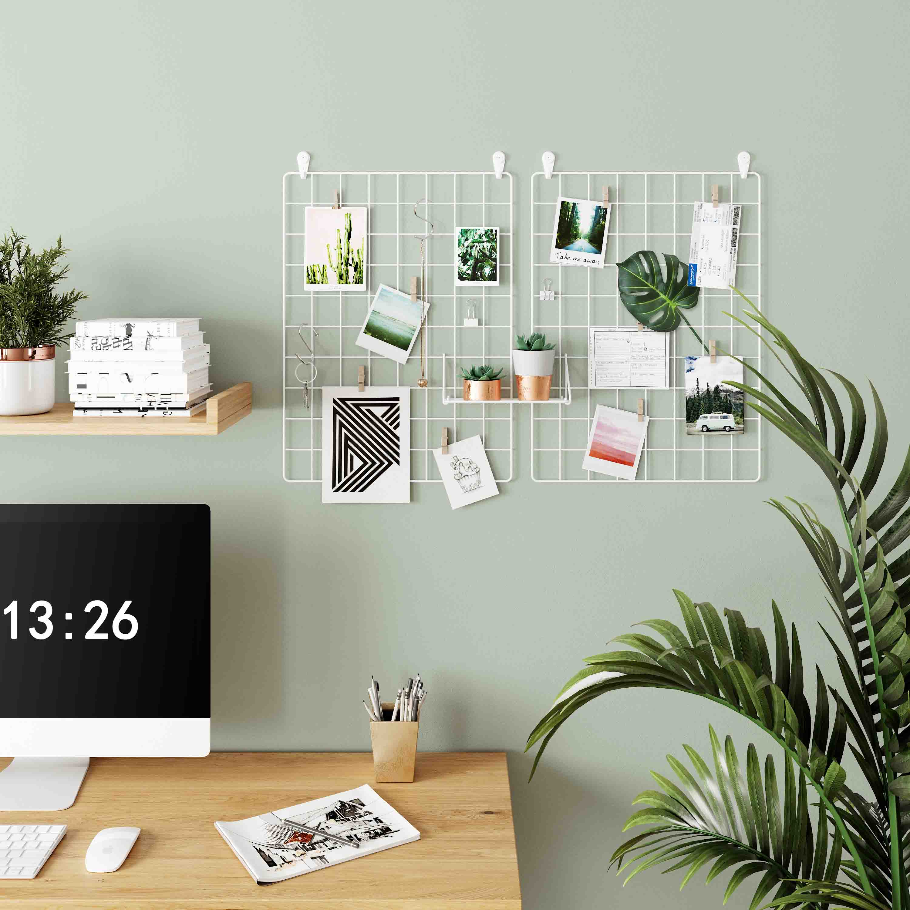 Wall Grid Photo Display - Metal Mesh - Rose Gold - Multifunctional Art Decor with Clips and Hemp Cord