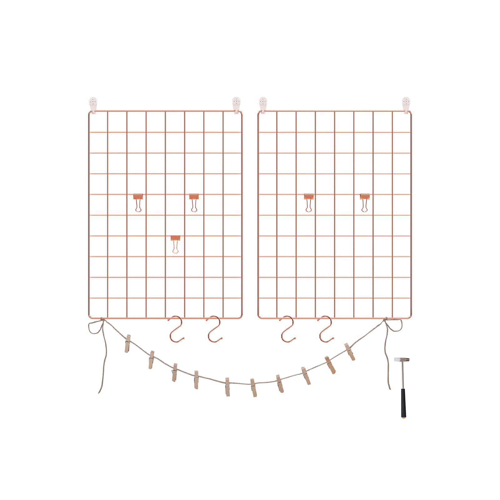 Wall Grid Photo Panel - Metal Mesh - Rose Gold - Set of 2 with S Hooks and Clips