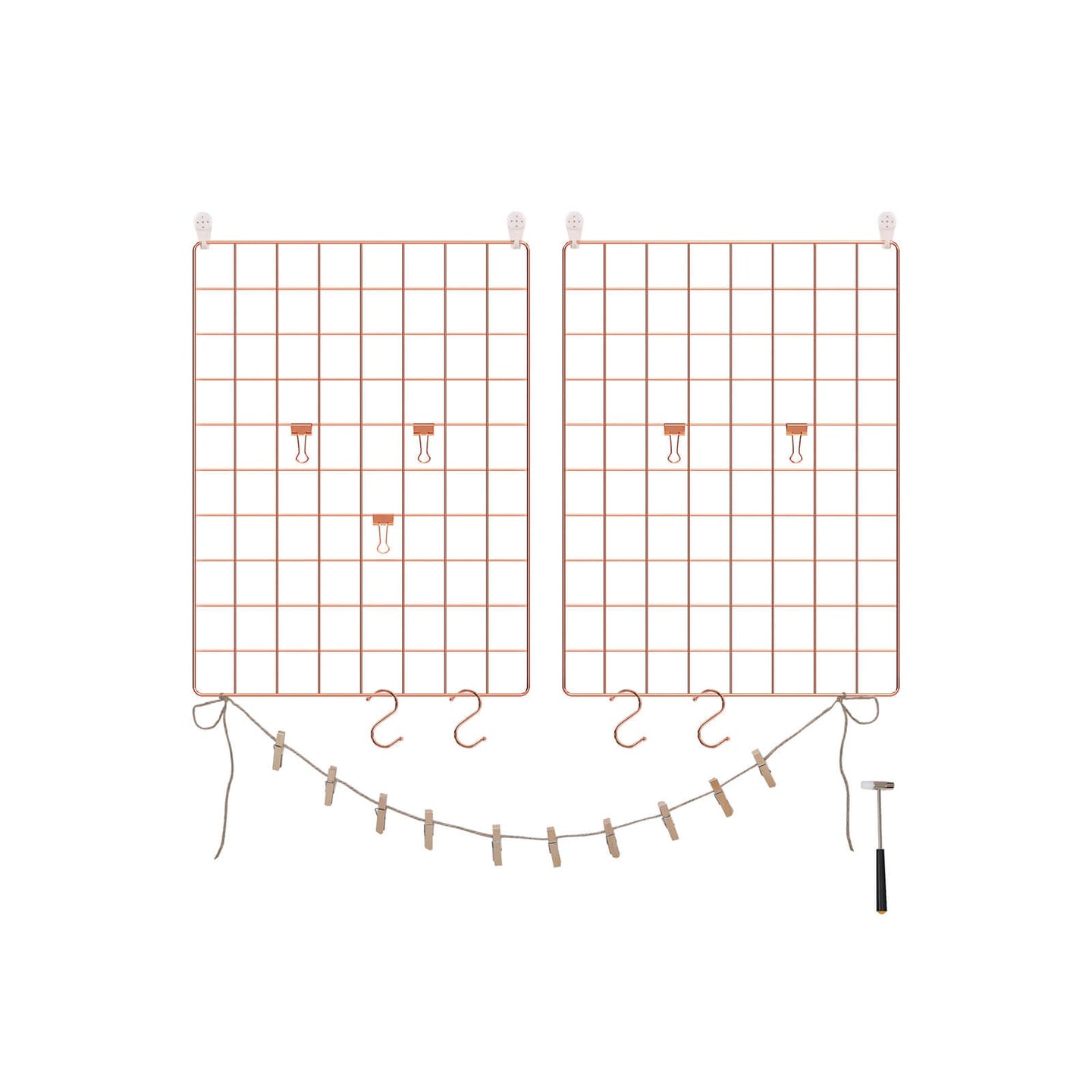 Wall Grid Photo Panel - Metal Mesh - Rose Gold - Set of 2 with S Hooks and Clips