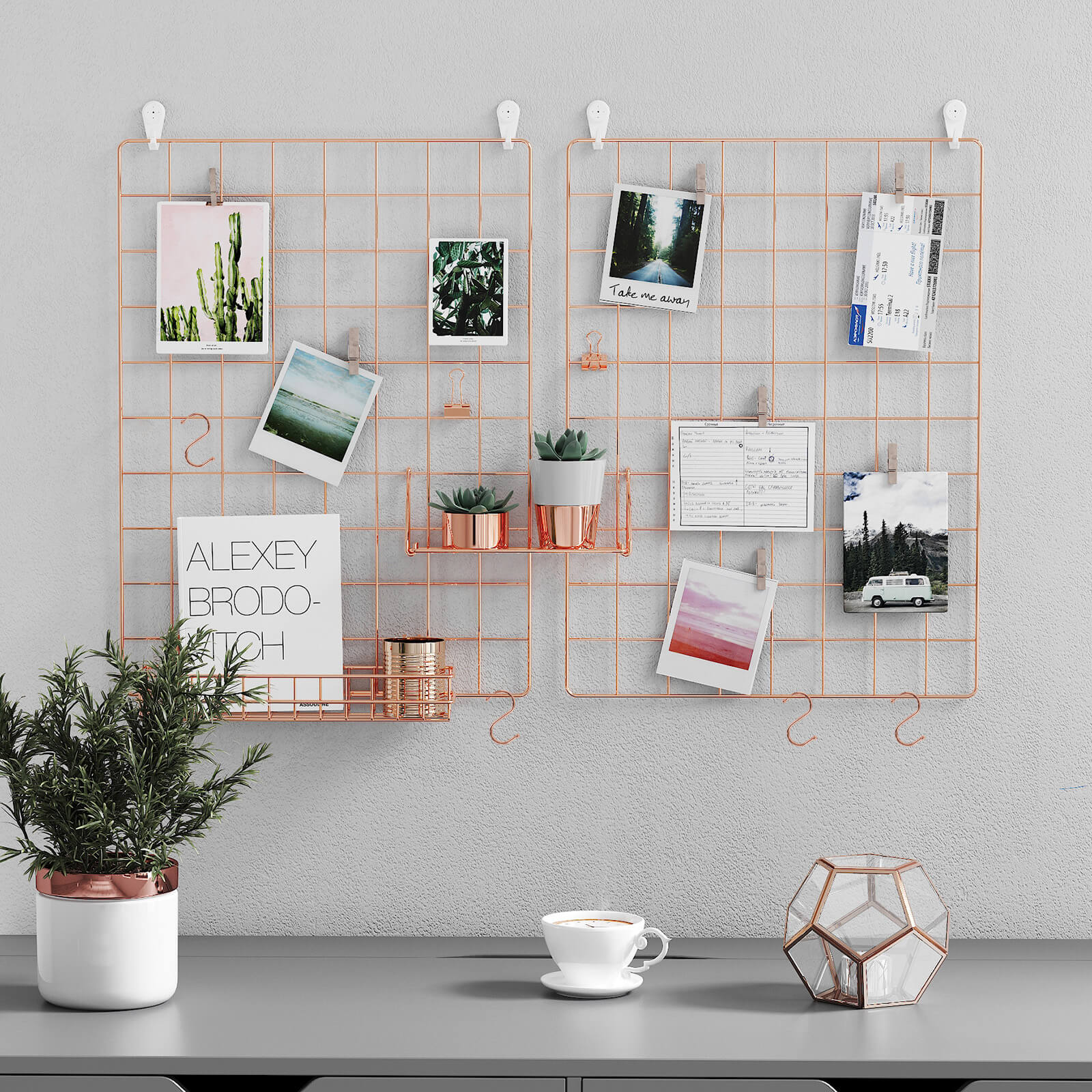 Wall Grid Photo Panel - Metal Mesh - Rose Gold - Set of 2 with S Hooks and Clips