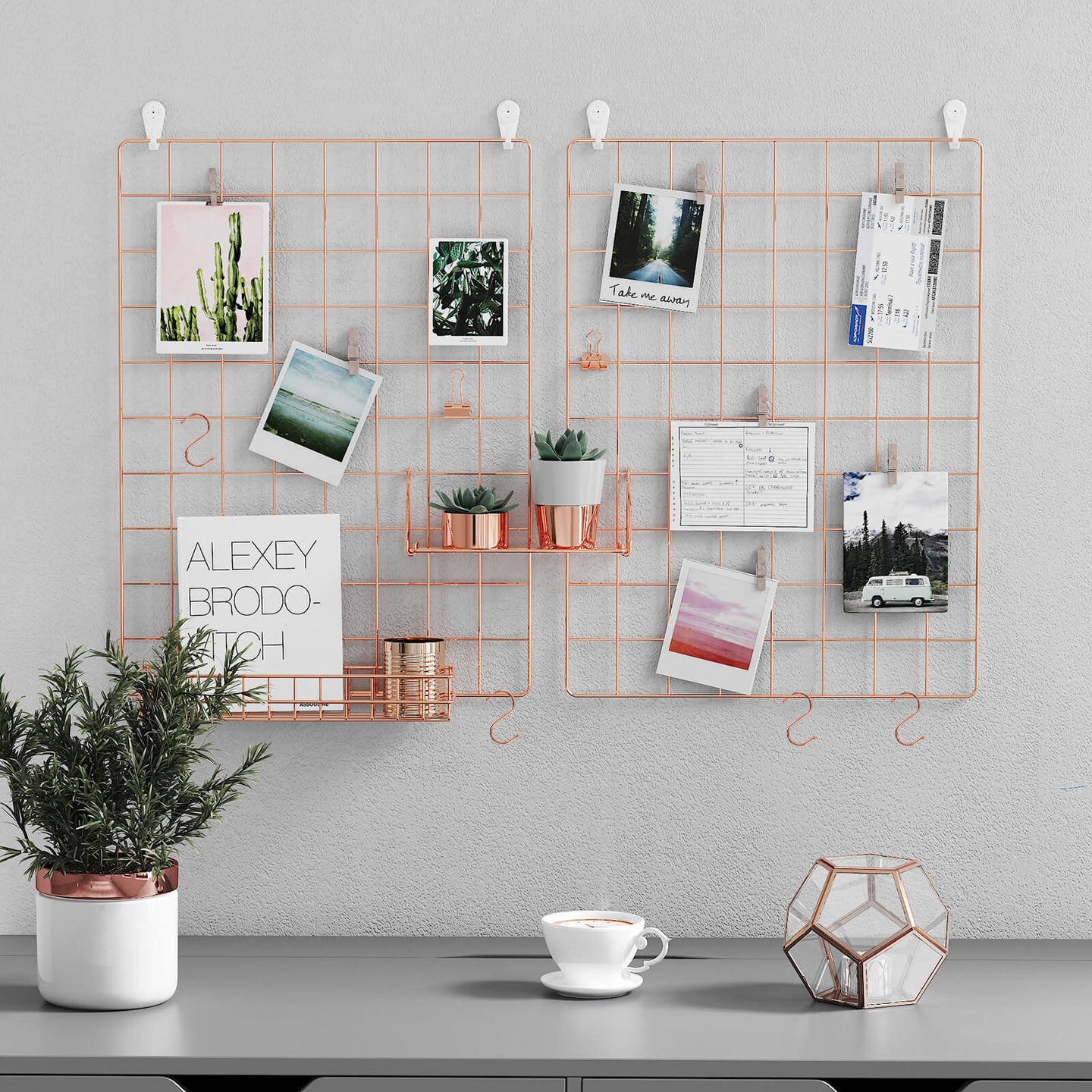 Wall Grid Photo Panel - Metal Mesh - Rose Gold - Set of 2 with S Hooks and Clips