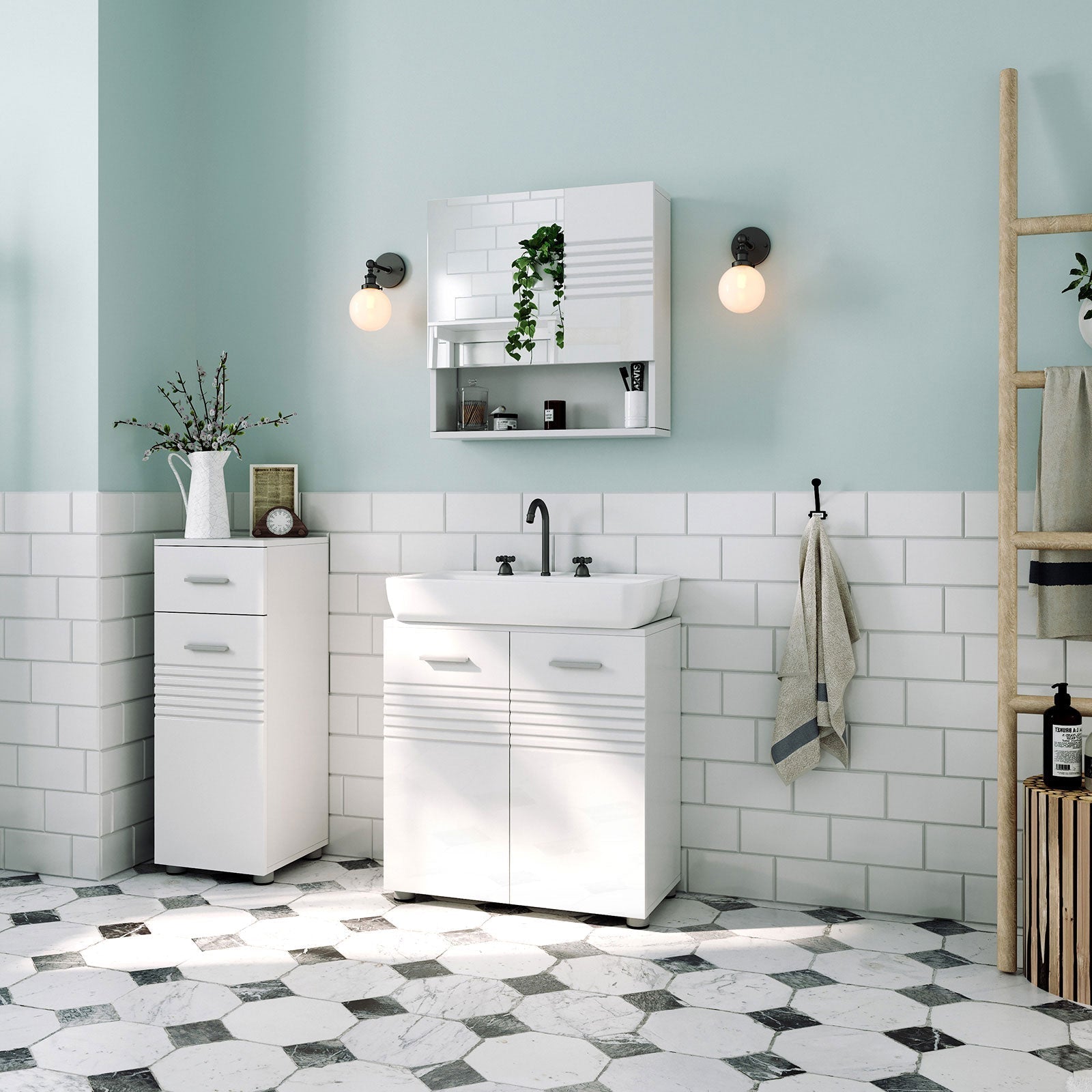 Wall Mounted Bathroom Cabinet - Wood - White - Adjustable Shelves and Buffer Hinges