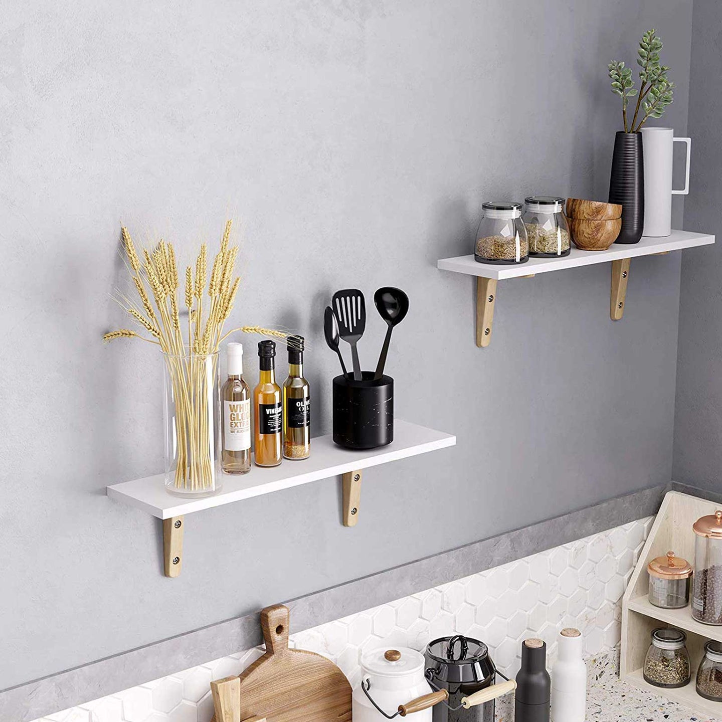 Floating Wall Mounted Shelves - Wood - White and Natural - Set of 2