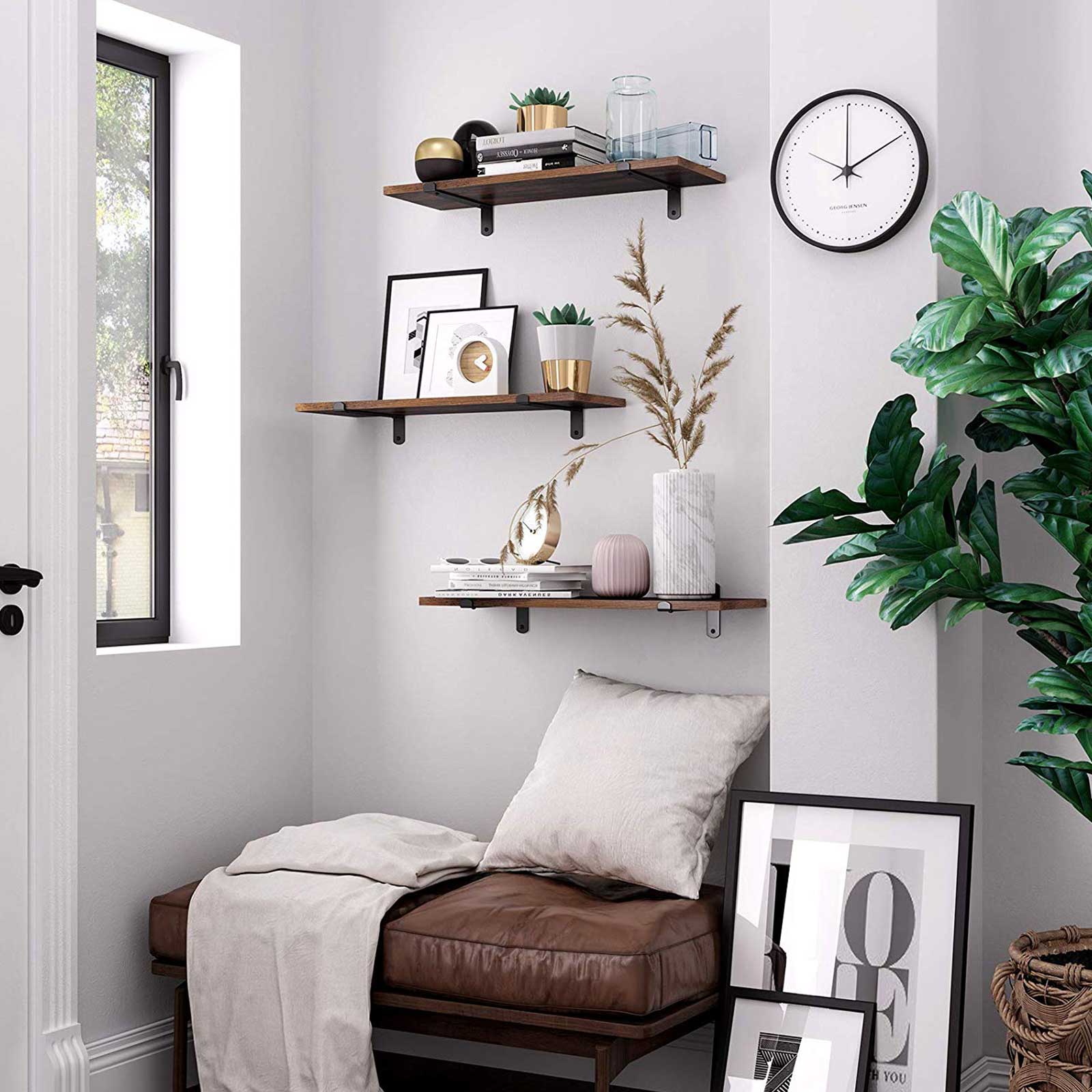Wall Mounted Floating Shelves - MDF - Brown & Black - Set of 2