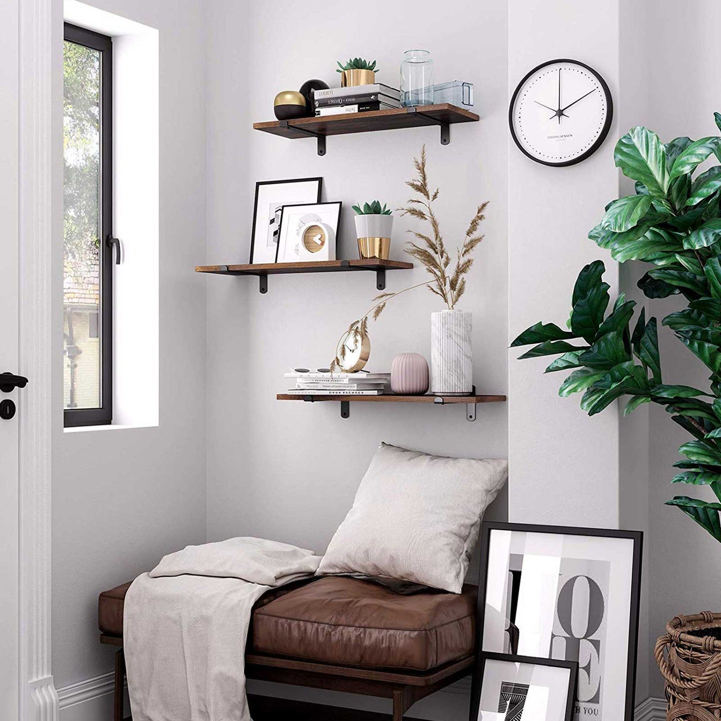 Wall Mounted Floating Shelves - MDF - Brown & Black - Set of 2