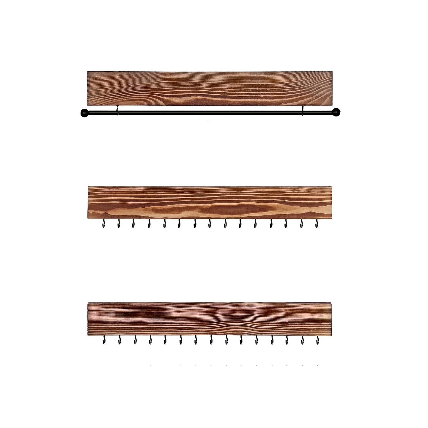 Wall-Mounted Jewellery Organisers - Wood - Rustic Brown - Set of 3 with Bracelet Rod and 30 Hooks