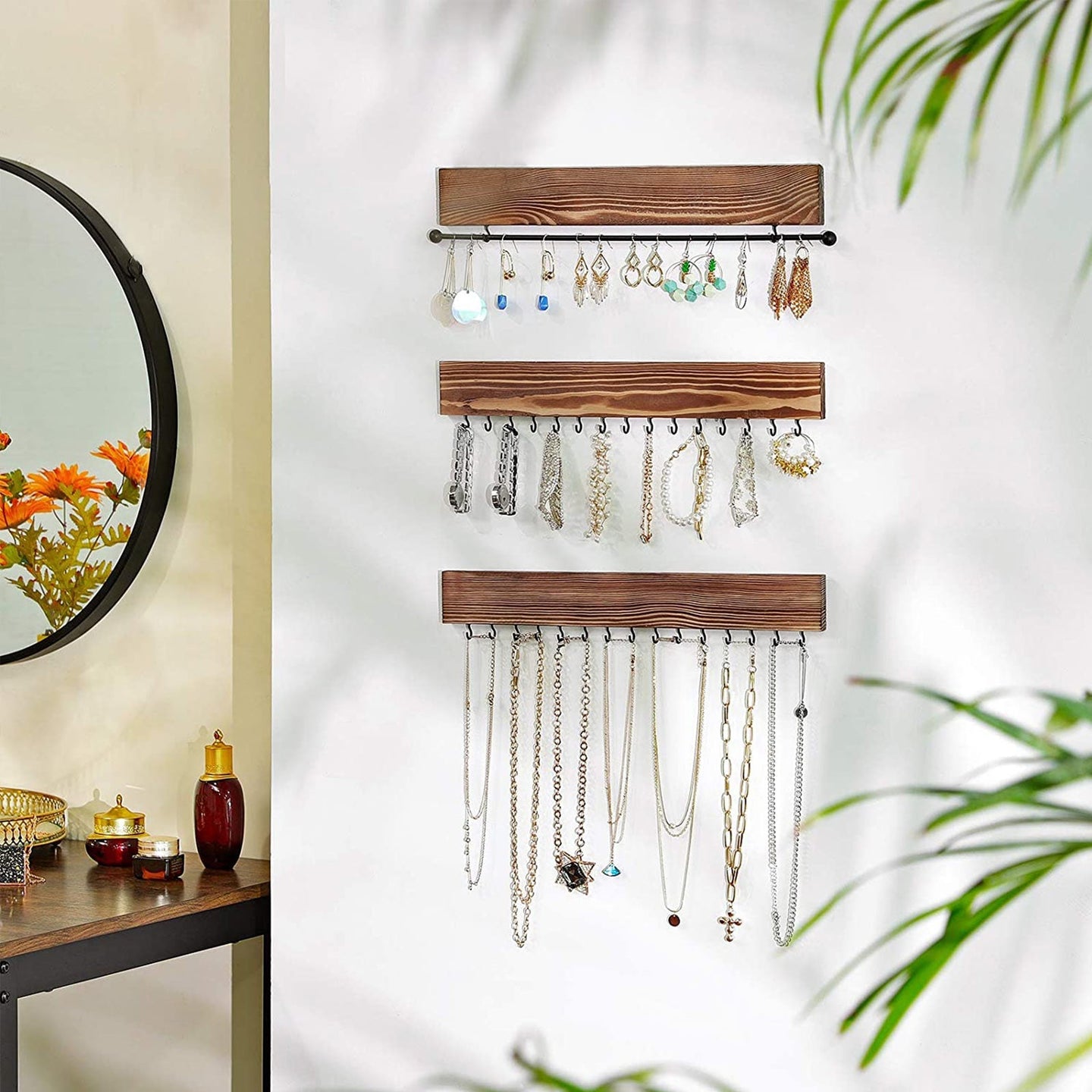 Wall-Mounted Jewellery Organisers - Wood - Rustic Brown - Set of 3 with Bracelet Rod and 30 Hooks