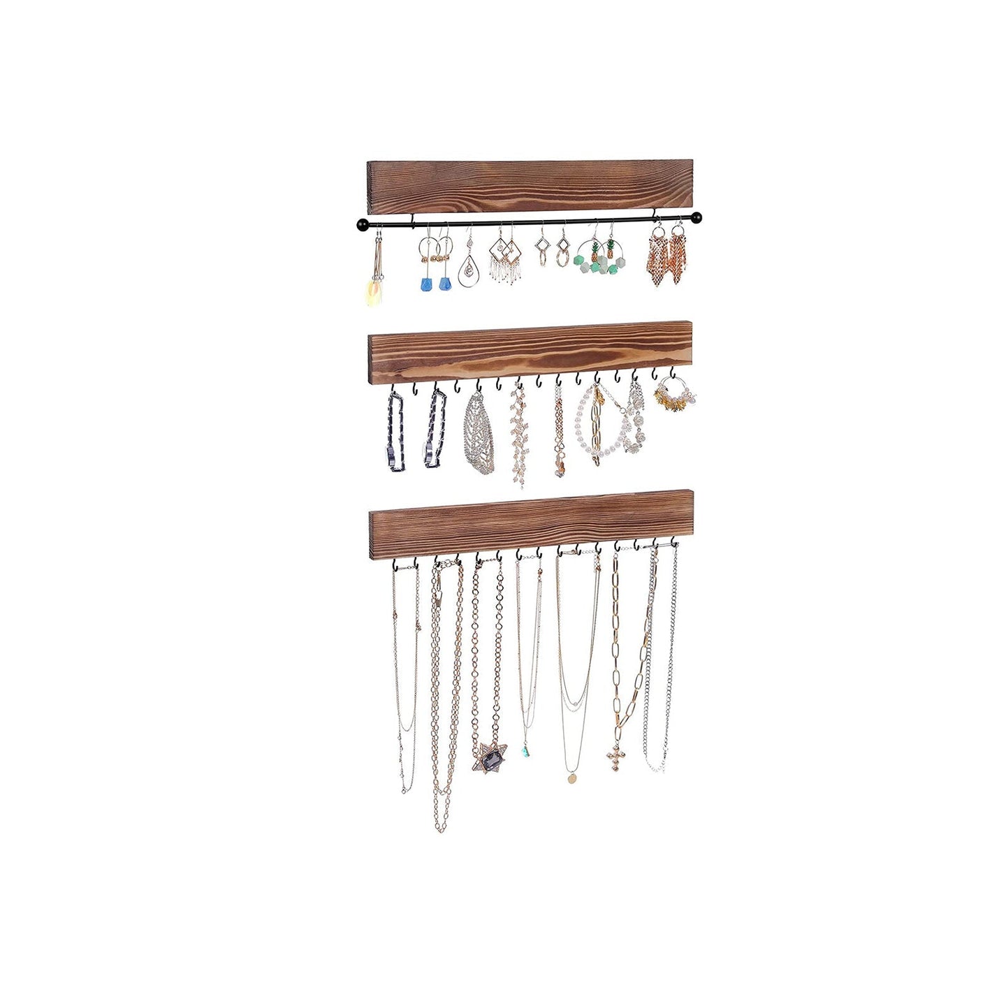 Wall-Mounted Jewellery Organisers - Wood - Rustic Brown - Set of 3 with Bracelet Rod and 30 Hooks