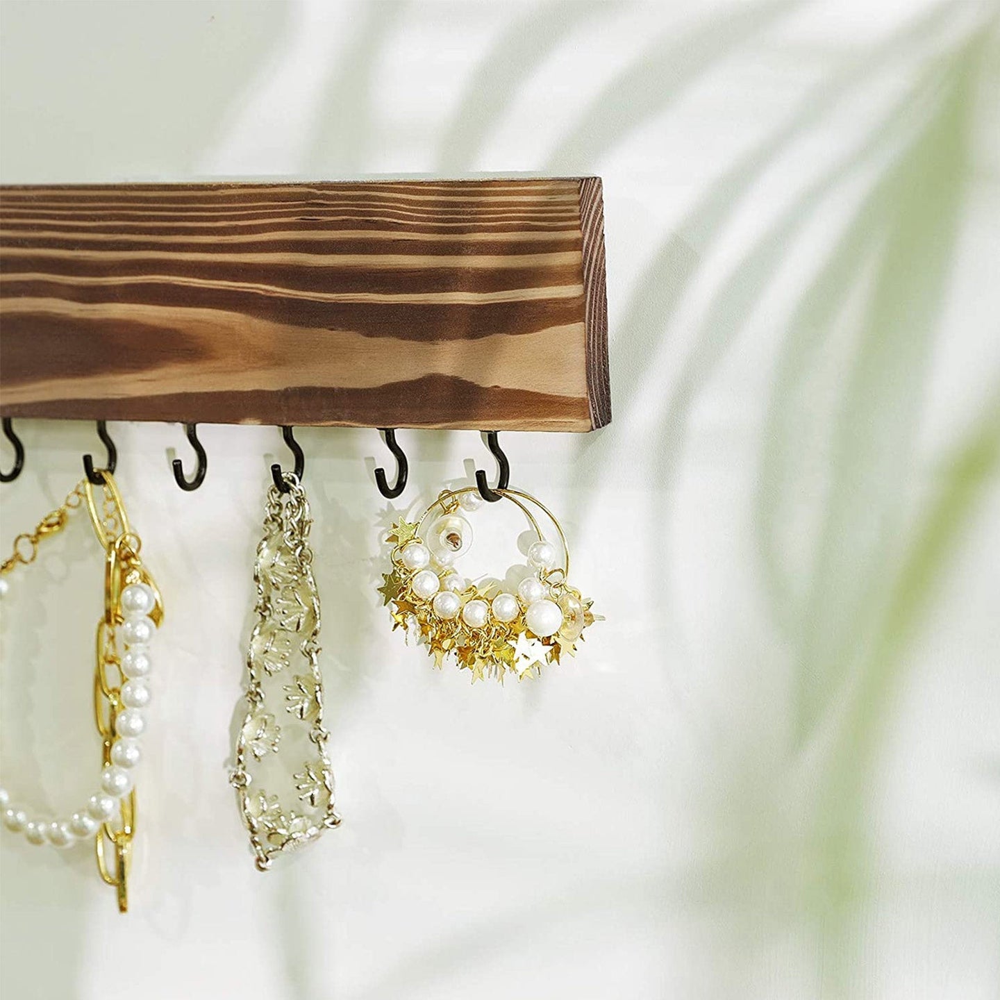 Wall-Mounted Jewellery Organisers - Wood - Rustic Brown - Set of 3 with Bracelet Rod and 30 Hooks