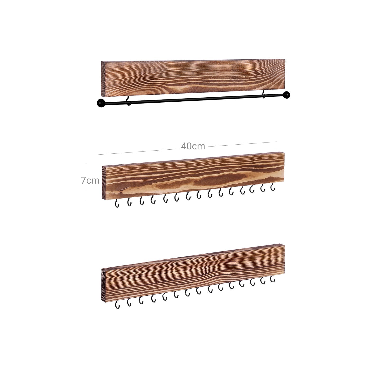 Wall-Mounted Jewellery Organisers - Wood - Rustic Brown - Set of 3 with Bracelet Rod and 30 Hooks