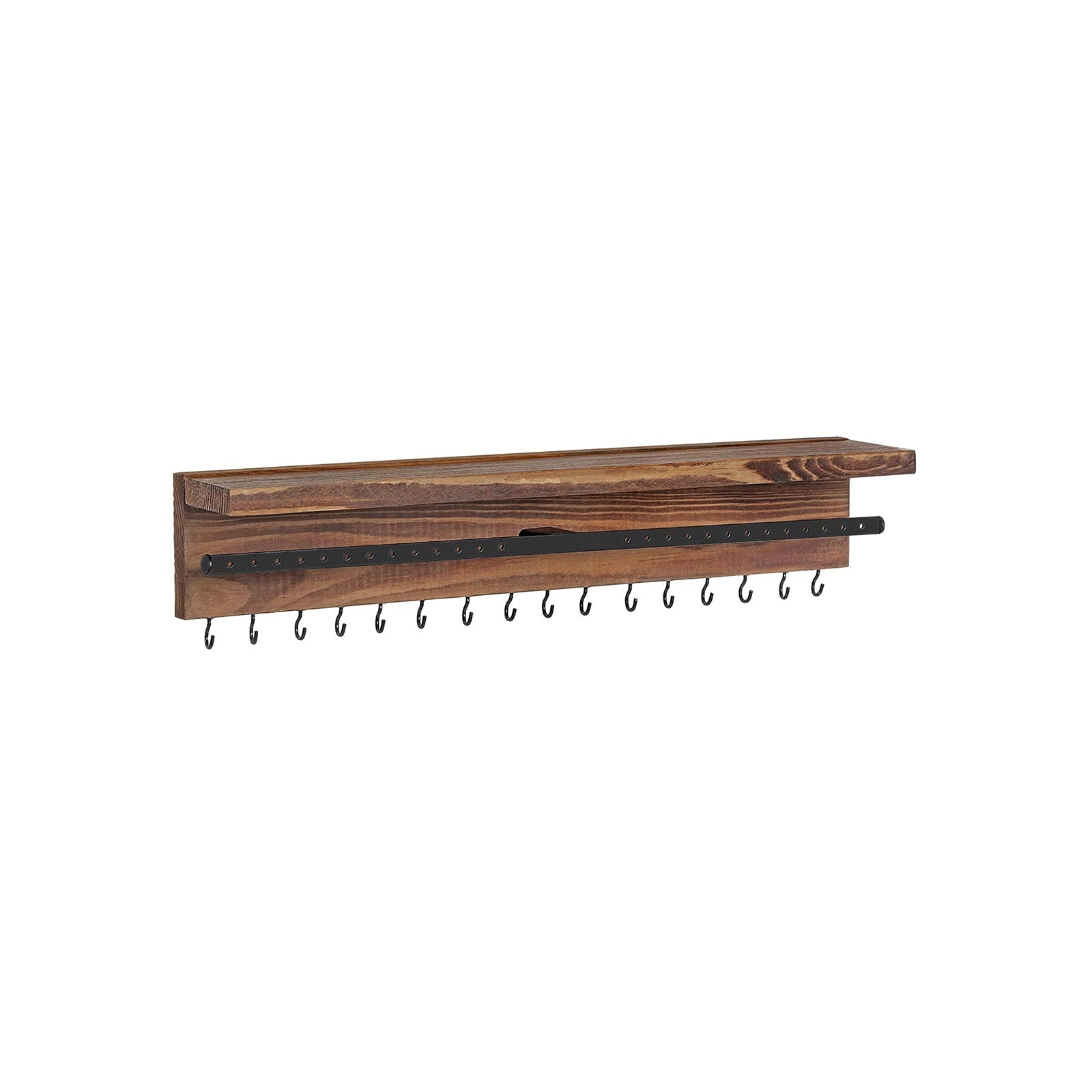 Wall-Mounted Jewellery Organiser - Wood - Rustic Brown - Display with Shelf and Hooks for Earrings and Bracelets