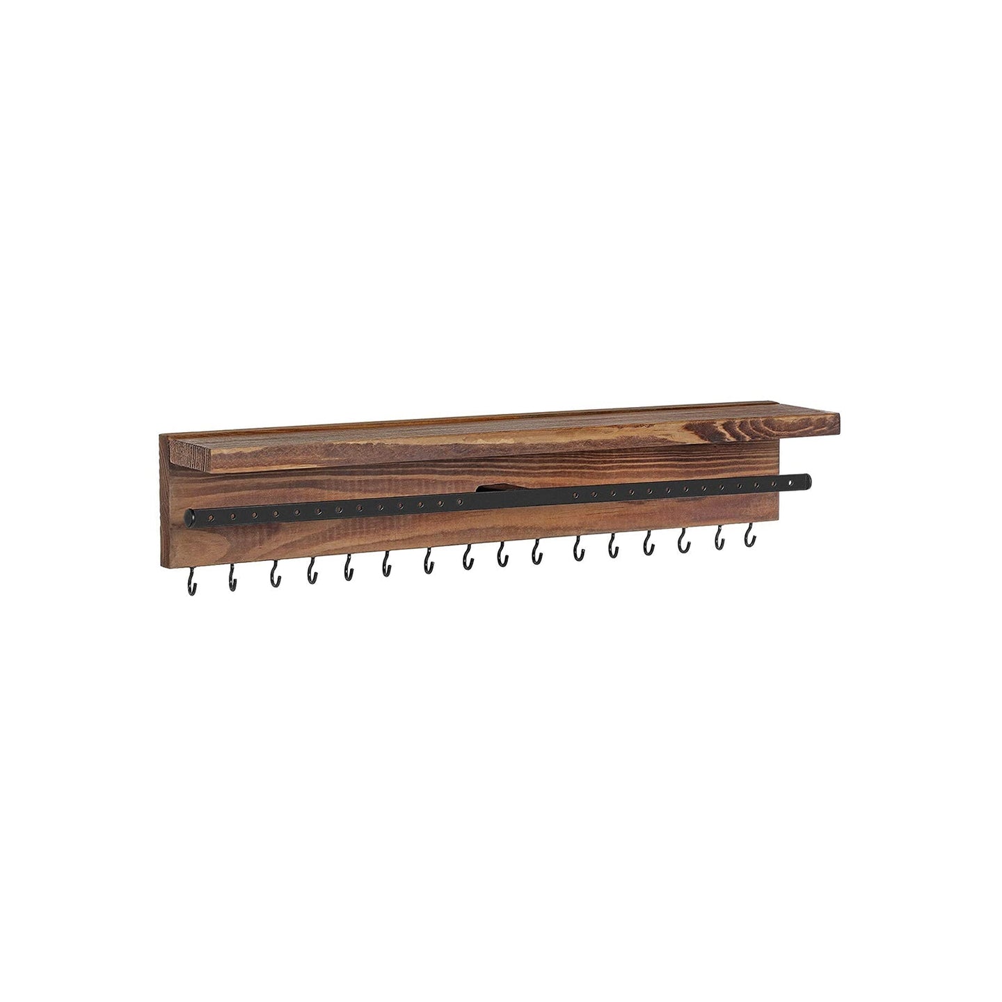 Wall-Mounted Jewellery Organiser - Wood - Rustic Brown - Display with Shelf and Hooks for Earrings and Bracelets