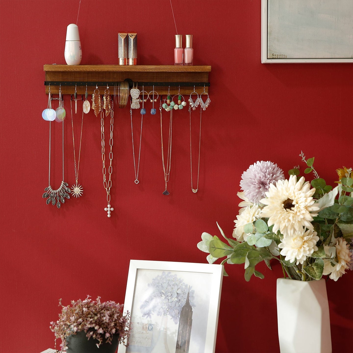 Wall-Mounted Jewellery Organiser - Wood - Rustic Brown - Display with Shelf and Hooks for Earrings and Bracelets