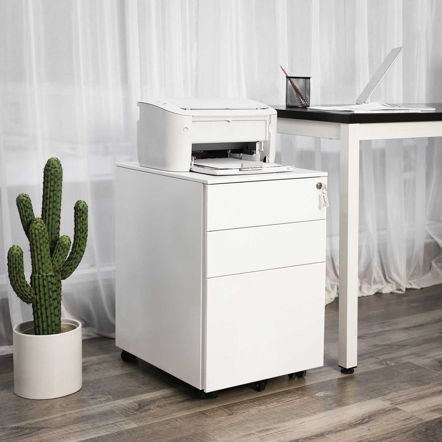 Lockable Steel File Cabinet - Steel - White - Mobile Design with 3 Drawers and Suspension File Hanging Rails