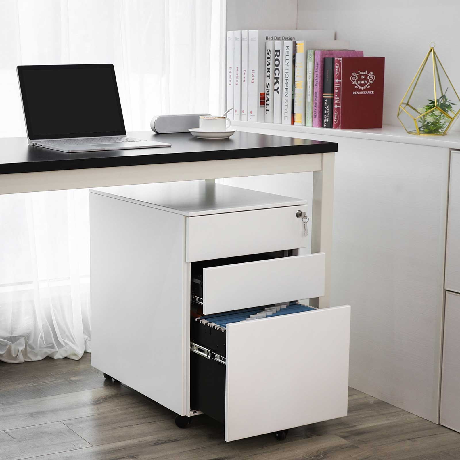 Lockable Steel File Cabinet - Steel - White - Mobile Design with 3 Drawers and Suspension File Hanging Rails