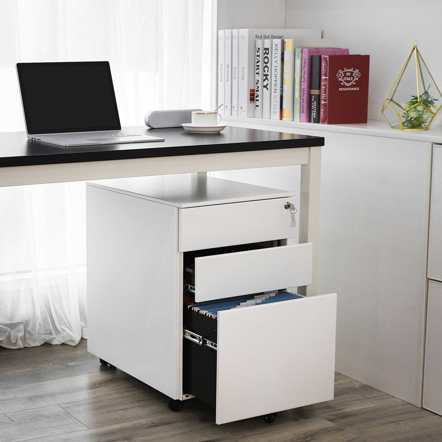 Lockable Steel File Cabinet - Steel - White - Mobile Design with 3 Drawers and Suspension File Hanging Rails
