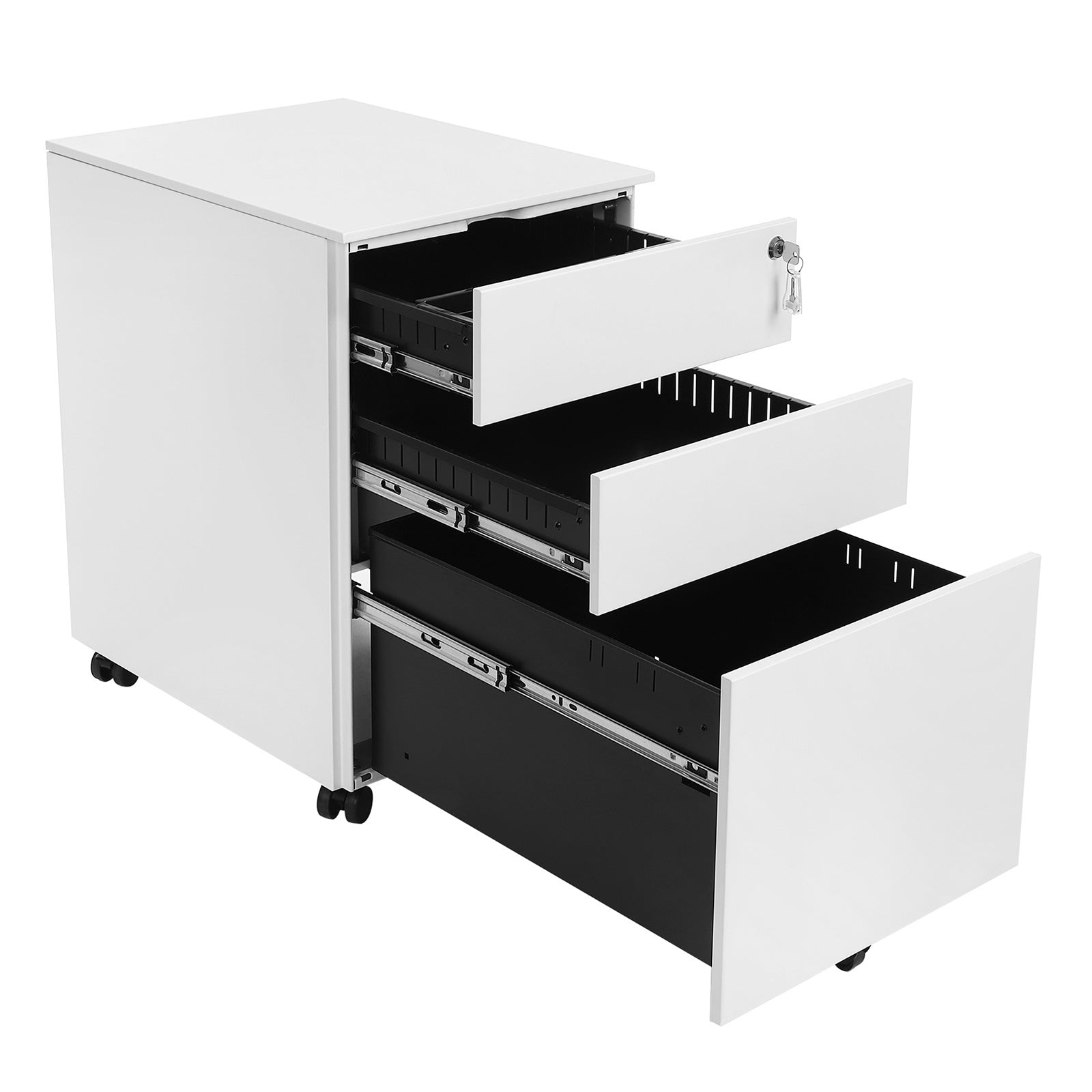 Lockable Steel File Cabinet - Steel - White - Mobile Design with 3 Drawers and Suspension File Hanging Rails