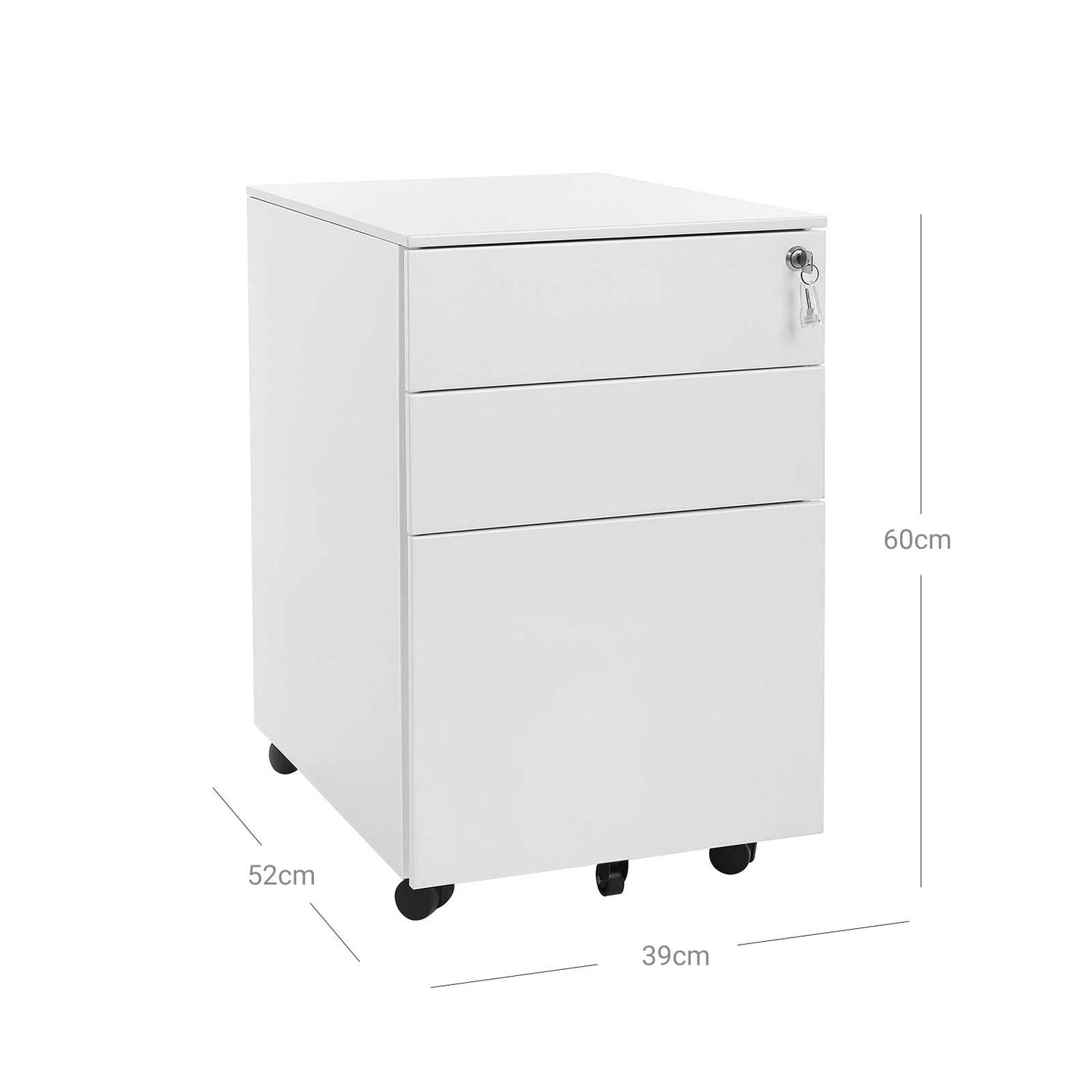 Lockable Steel File Cabinet - Steel - White - Mobile Design with 3 Drawers and Suspension File Hanging Rails