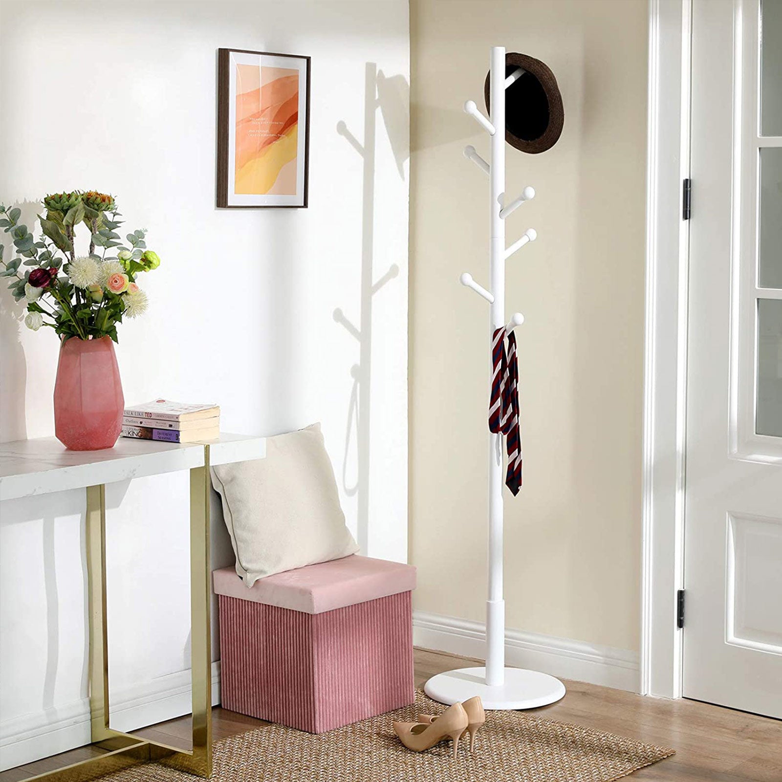 Hall Tree - Wood - White - Free Standing with 7 Rounded Hooks