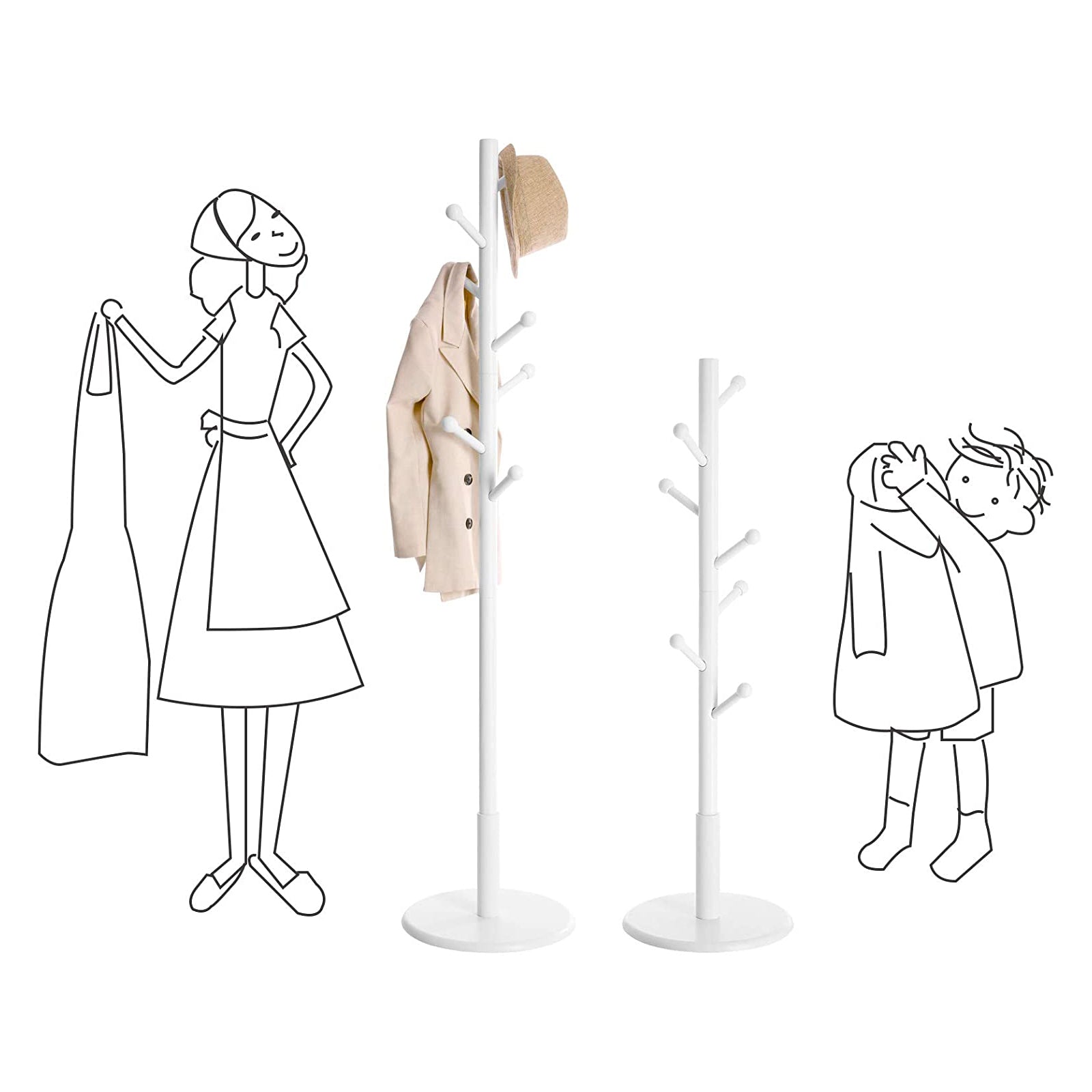 Hall Tree - Wood - White - Free Standing with 7 Rounded Hooks