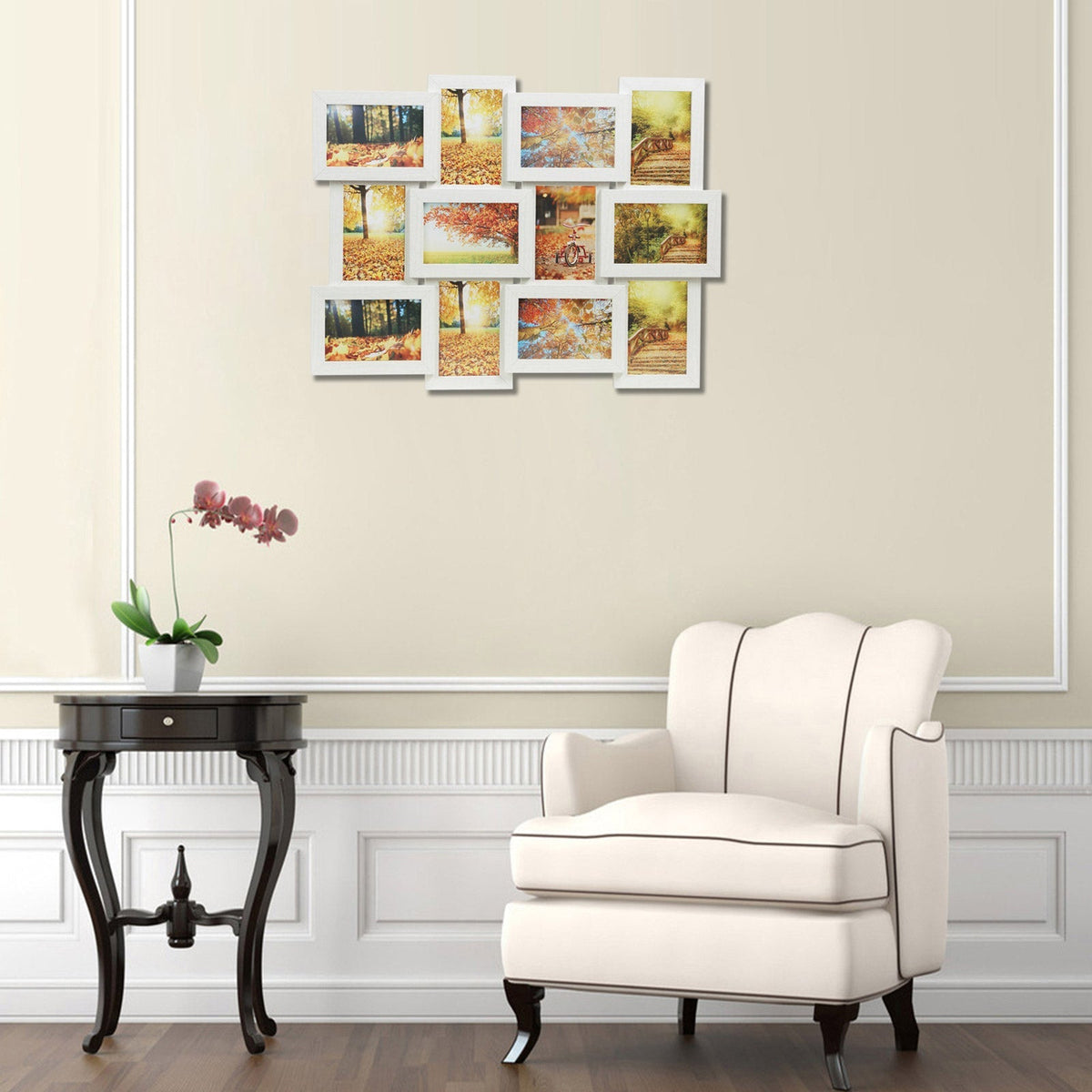 Collage Picture Frame - White Wood Grain - 12 Photos (4" x 6") + 1 Single Frame