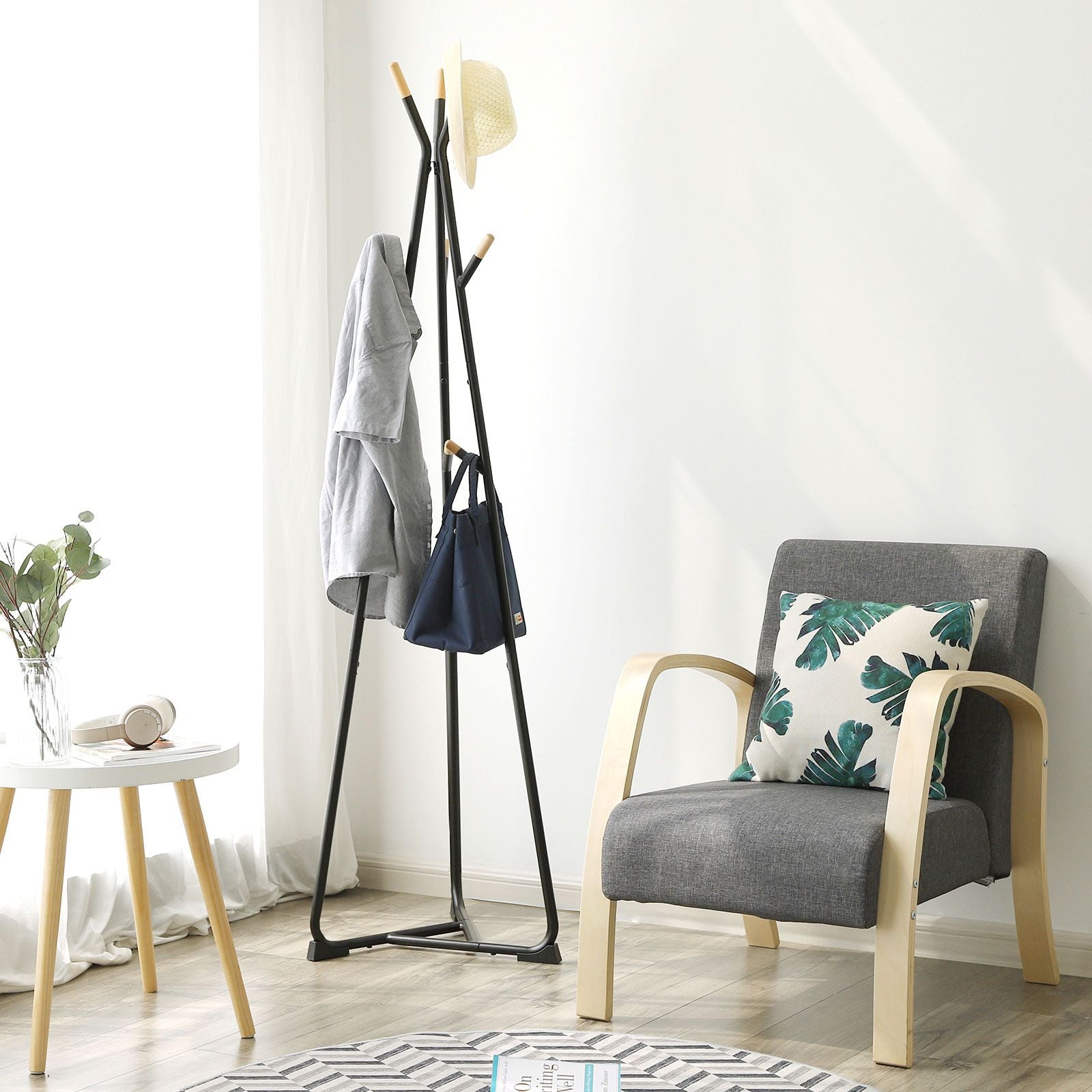 Coat Rack Stand - Beech Wood - Black and Natural Grain - 9 Hooks for Clothes