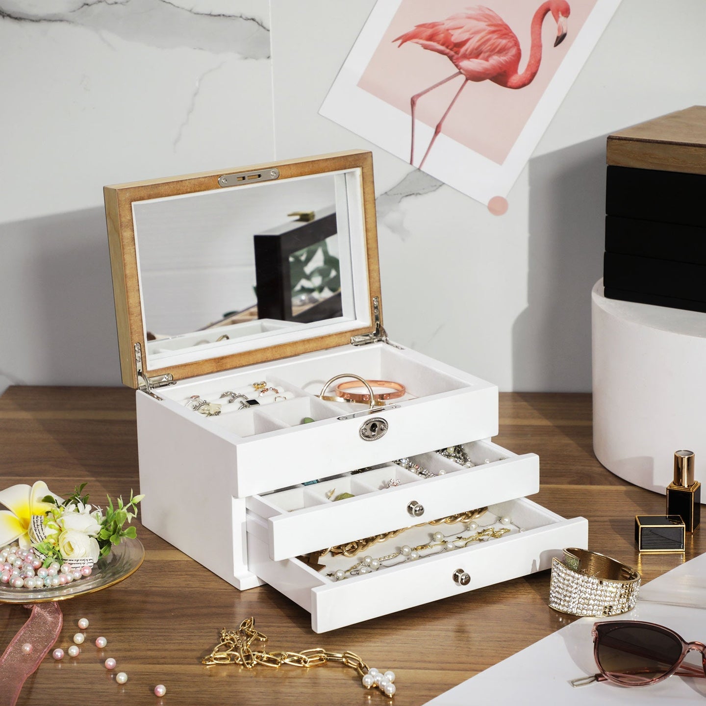 Jewelry Organizer - Engineered Wood - Black - 3-Tier with Velvet Lining and Drawers