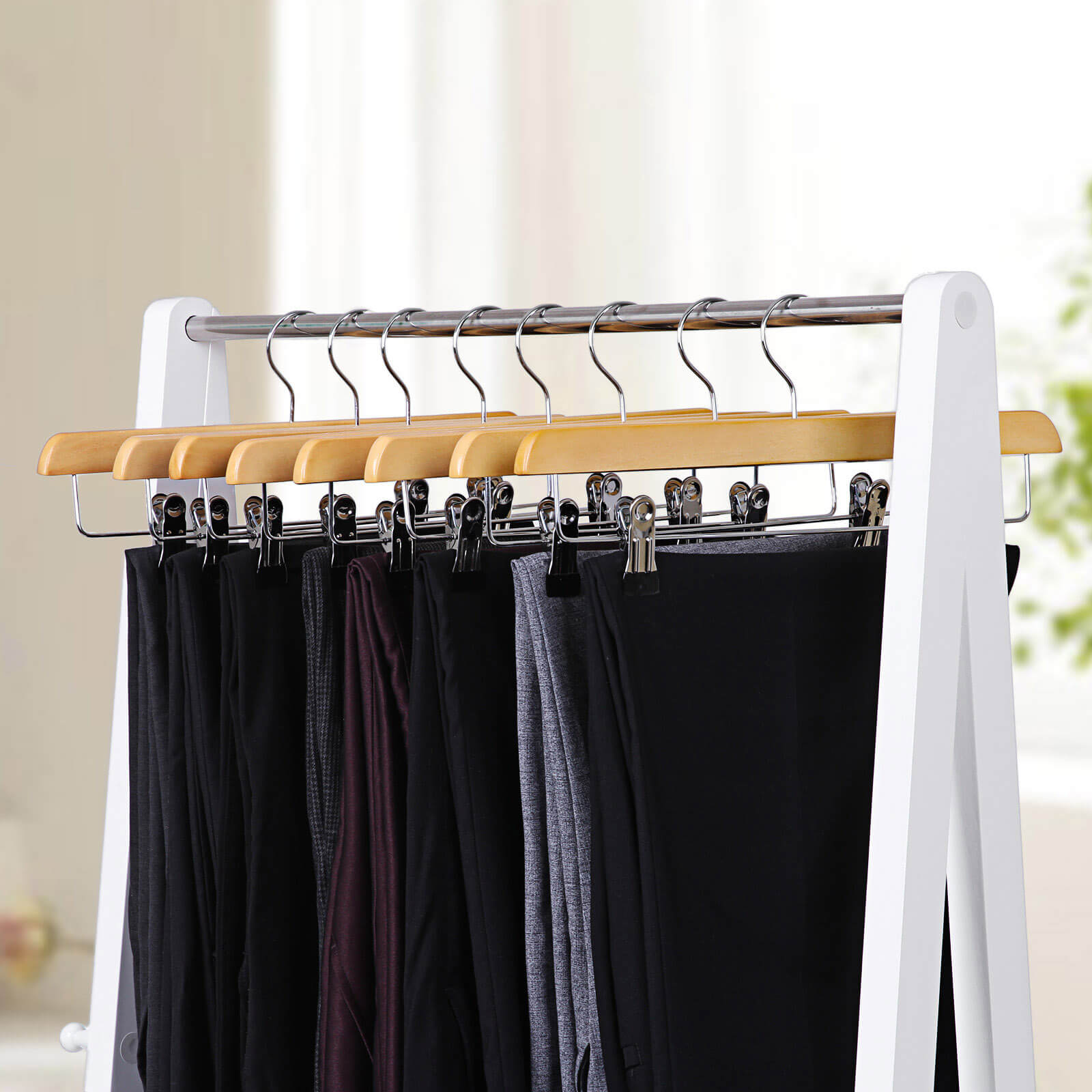Wooden Skirt Trouser Hangers - Wood - Natural Finish - Adjustable Clips with Rotated Hooks