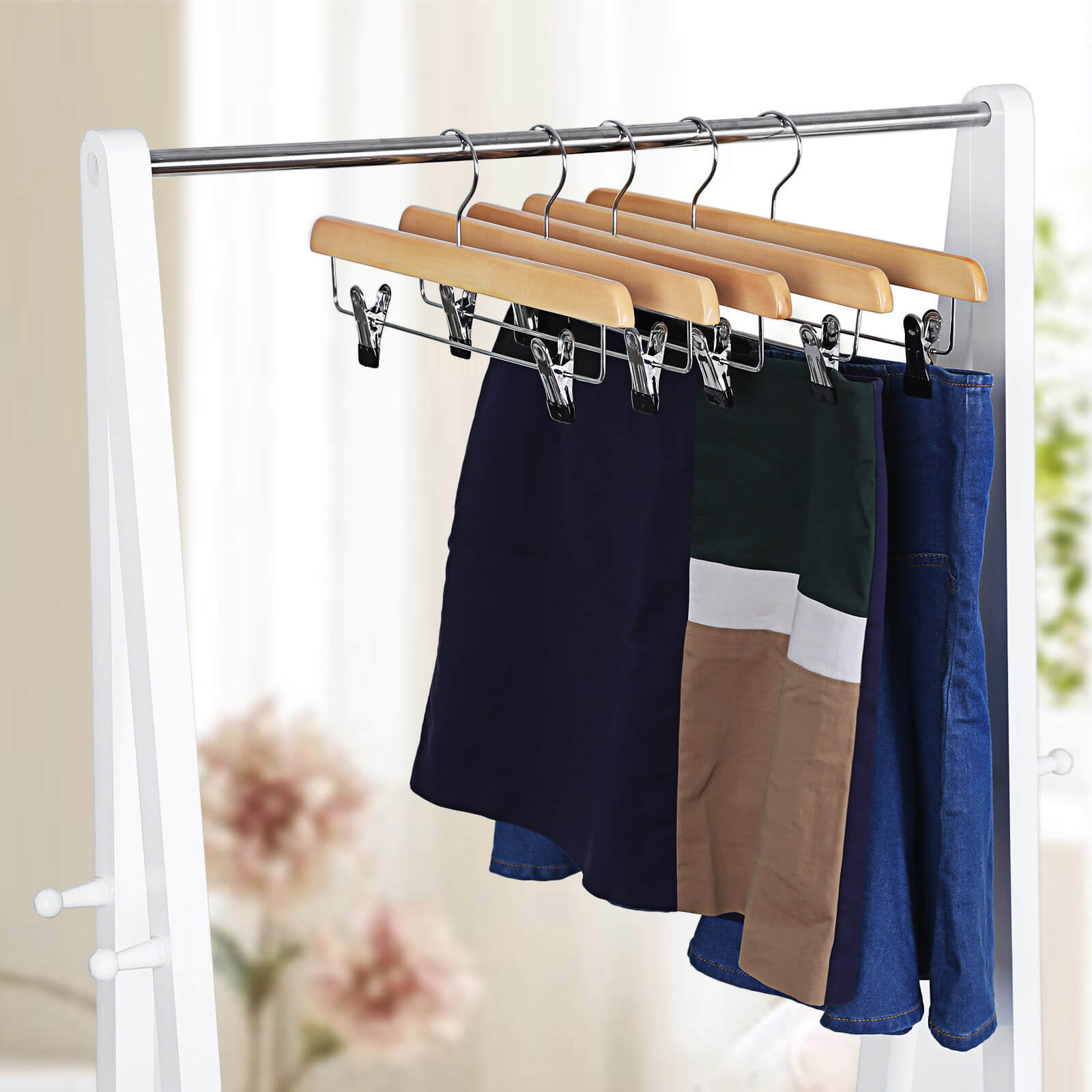 Wooden Skirt Trouser Hangers - Wood - Natural Finish - Adjustable Clips with Rotated Hooks