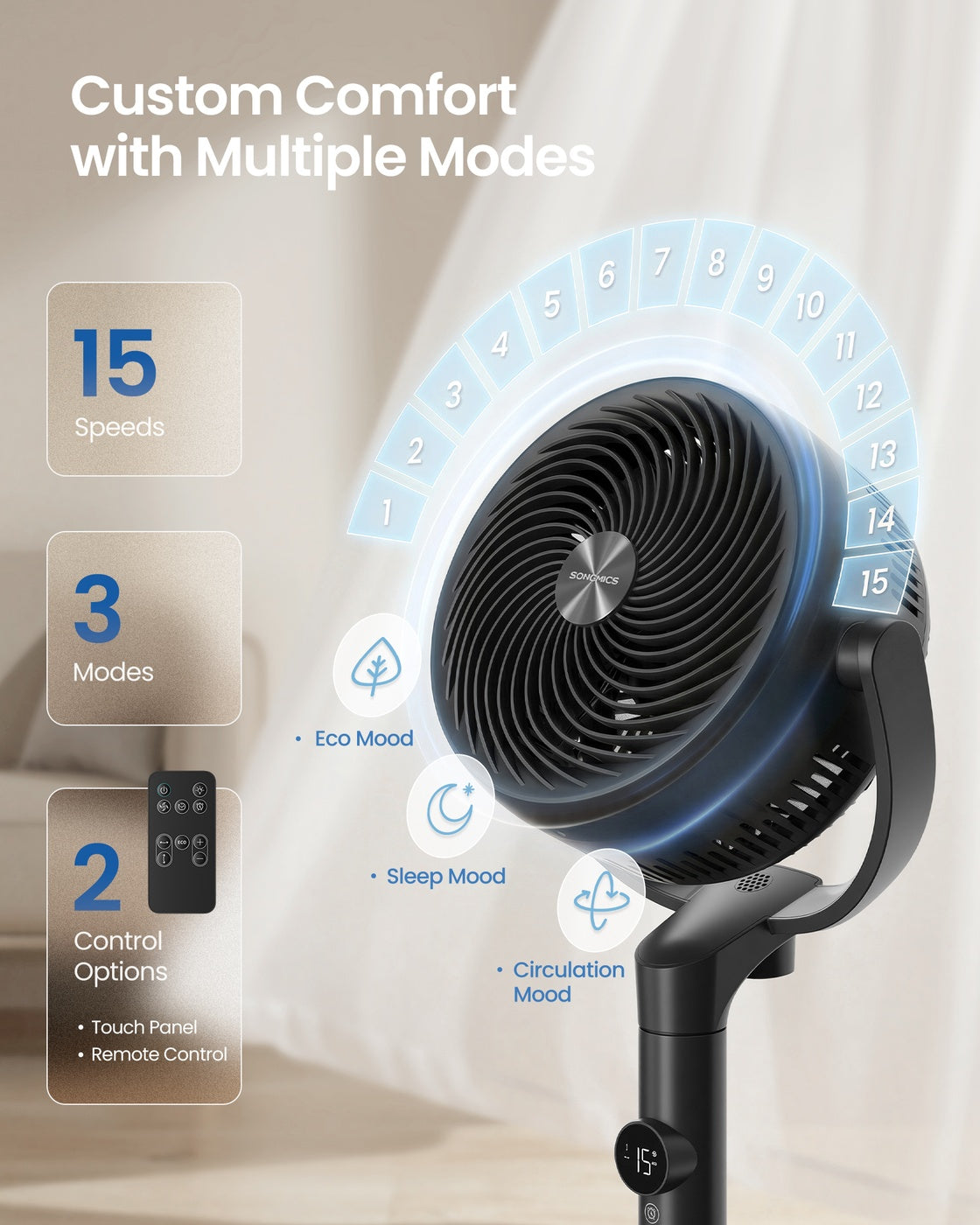 Standing Fan for Bedroom - Plastic and Steel - Ink Black - with Remote