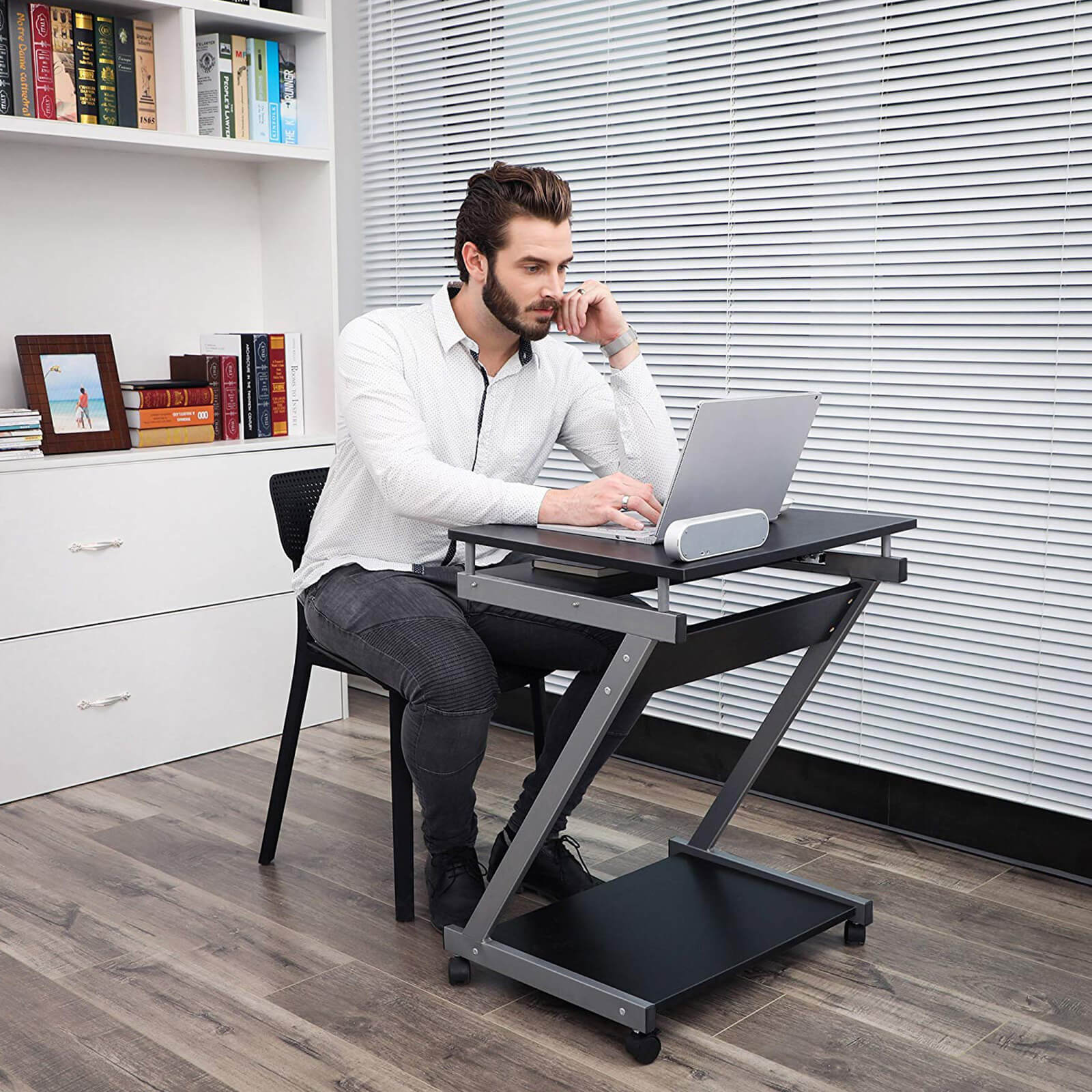 Z-Shaped Computer Desk - Wood - White - Mobile with Sliding Keyboard and Wheels