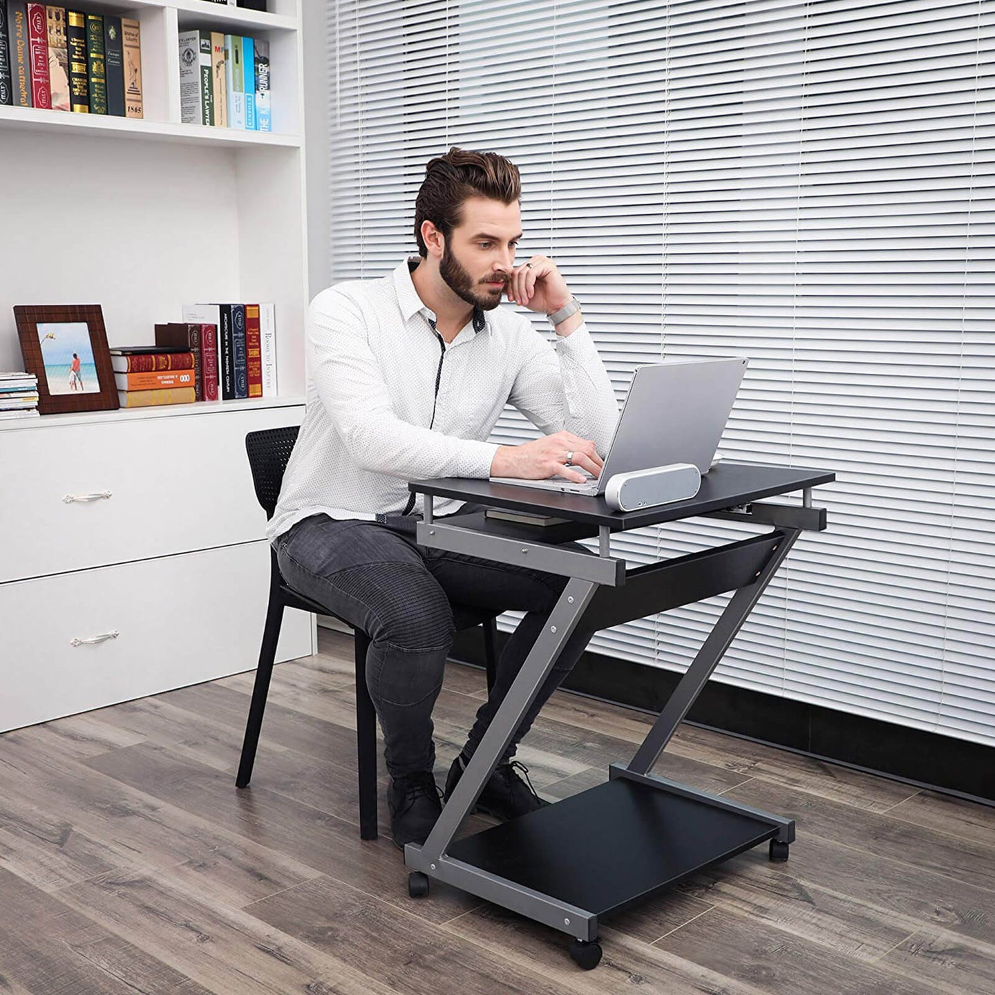 Z-Shaped Computer Desk - Wood - White - Mobile with Sliding Keyboard and Wheels