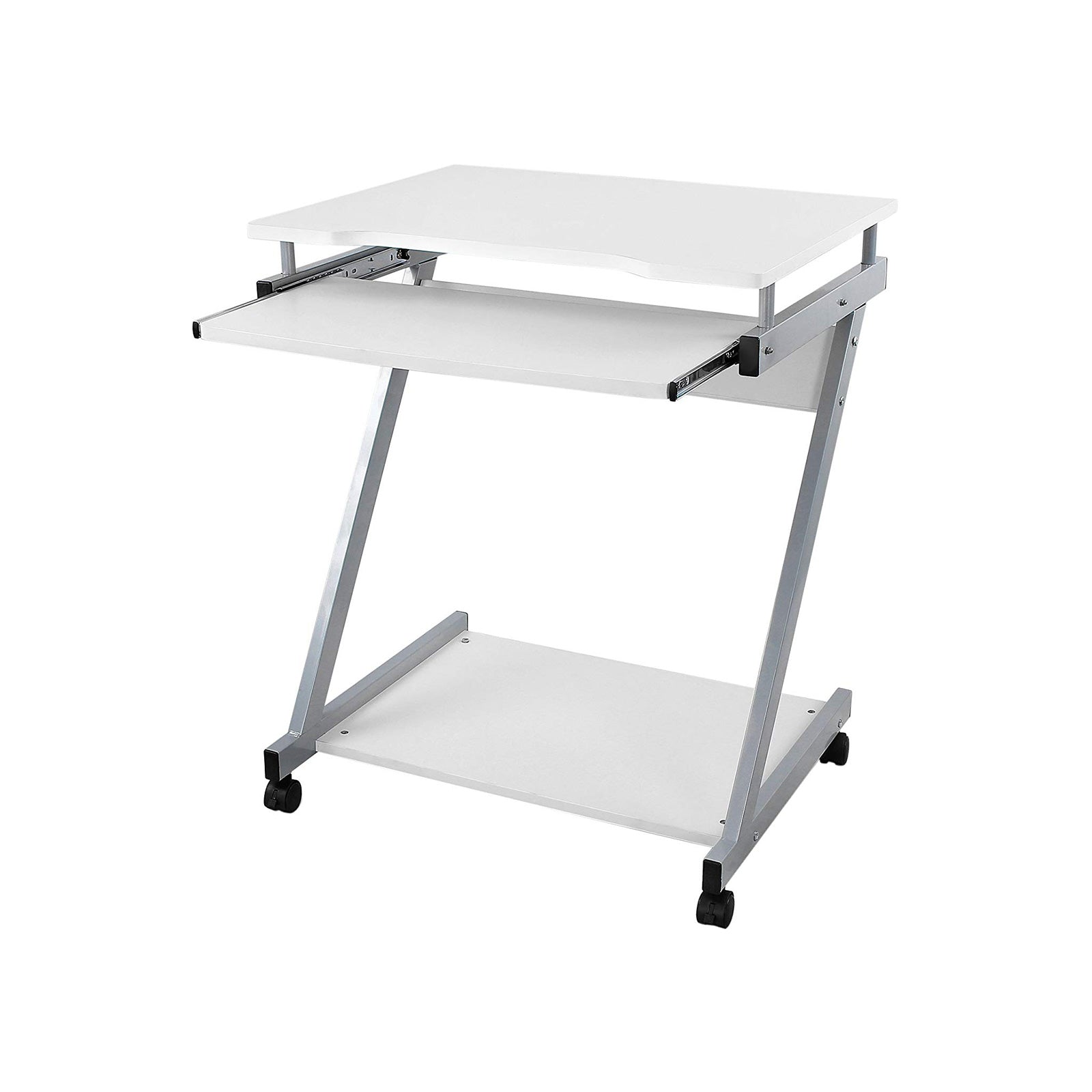 Z-Shaped Computer Desk - Wood - White - Mobile with Sliding Keyboard and Wheels