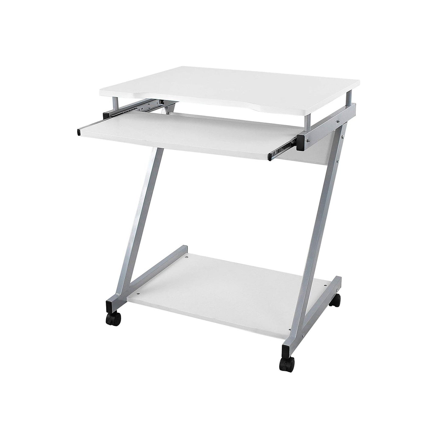 Z-Shaped Computer Desk - Wood - White - Mobile with Sliding Keyboard and Wheels