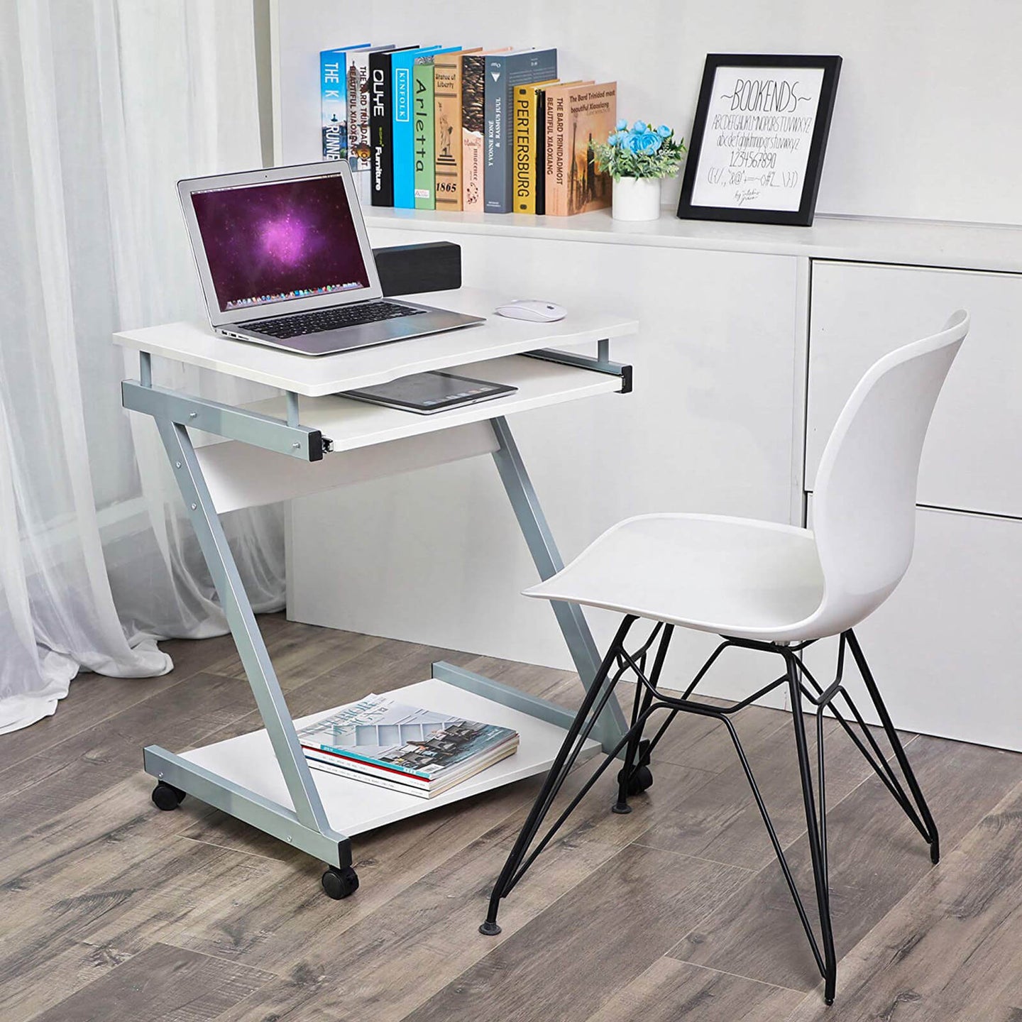 Z-Shaped Computer Desk - Wood - White - Mobile with Sliding Keyboard and Wheels