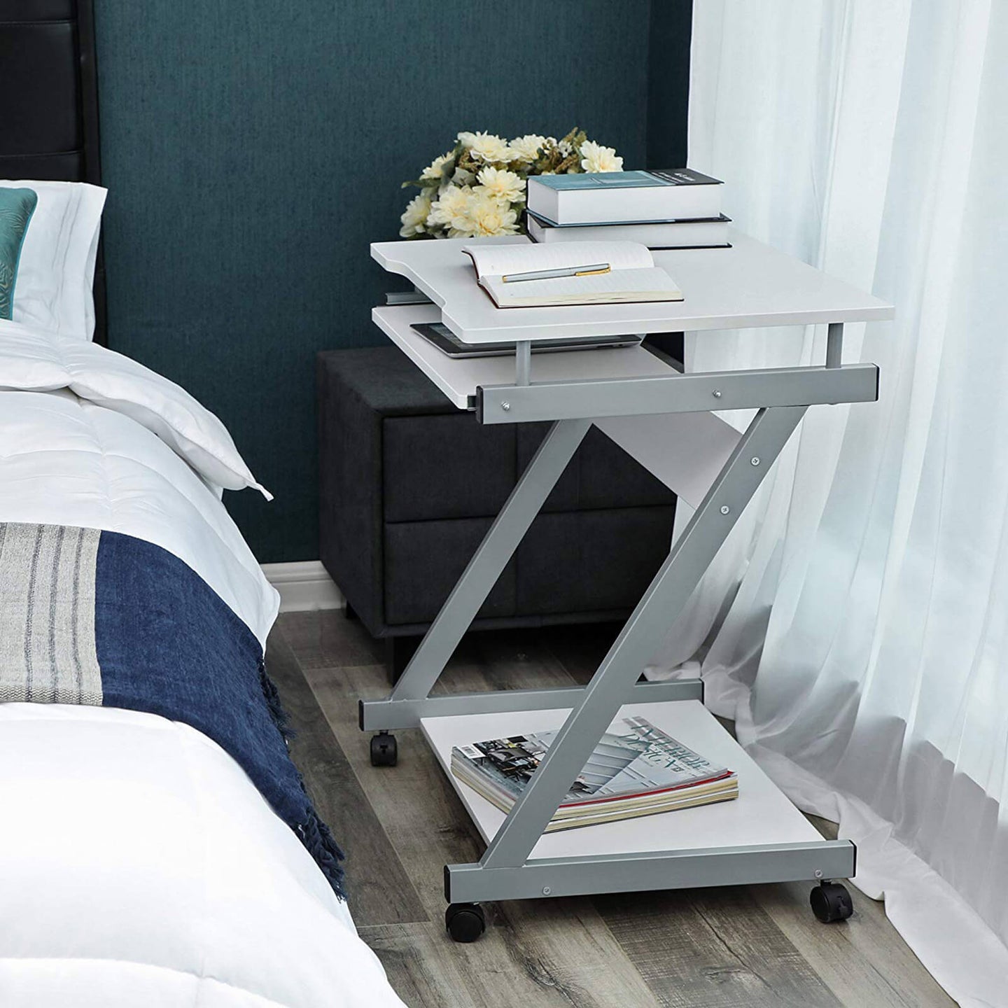 Z-Shaped Computer Desk - Wood - White - Mobile with Sliding Keyboard and Wheels