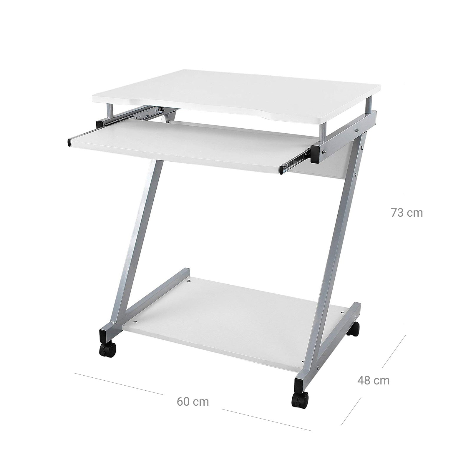 Z-Shaped Computer Desk - Wood - White - Mobile with Sliding Keyboard and Wheels