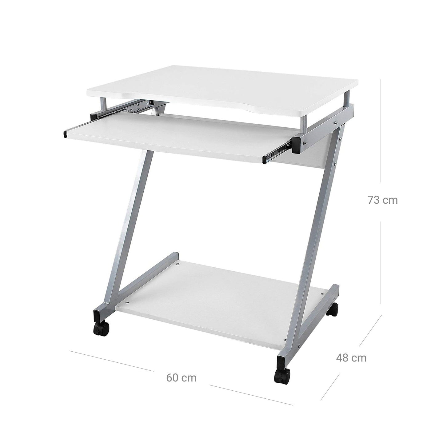 Z-Shaped Computer Desk - Wood - White - Mobile with Sliding Keyboard and Wheels
