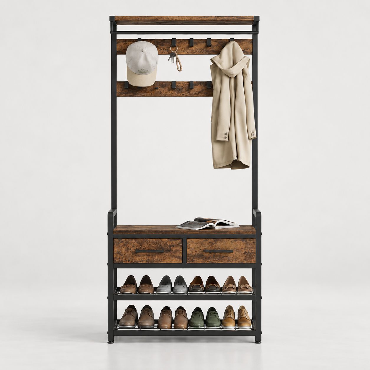 6-in-1 Hall Tree – Coat Rack with 10 Hooks – Shoe Bench – 2 Drawers - Detachable