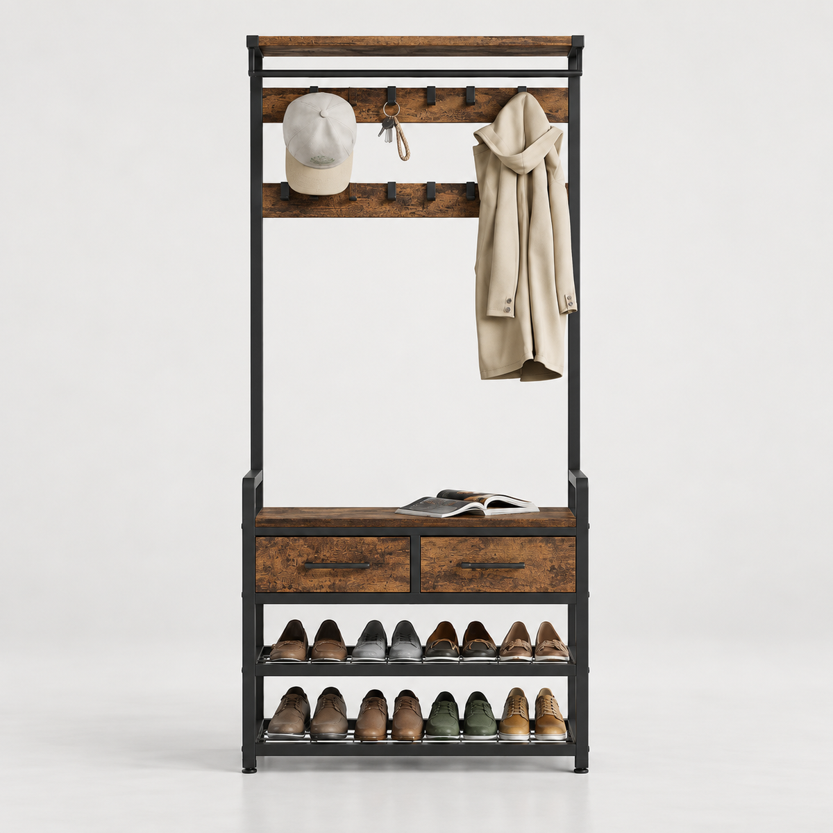 6-in-1 Hall Tree – Coat Rack with 10 Hooks – Shoe Bench – 2 Drawers - Detachable