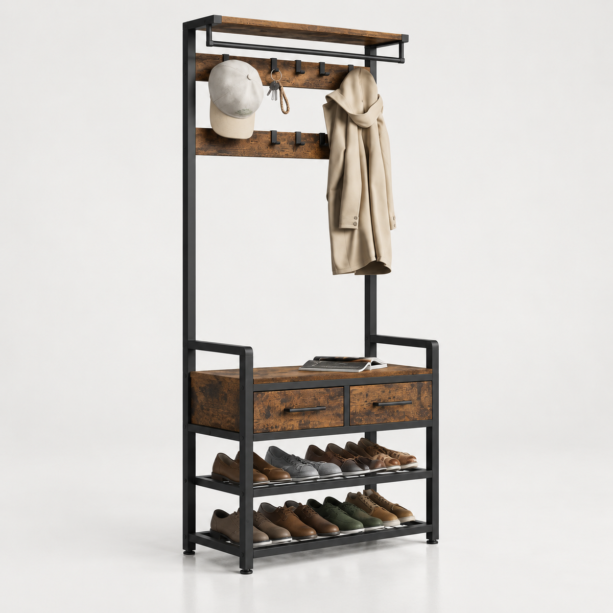 6-in-1 Hall Tree – Coat Rack with 10 Hooks – Shoe Bench – 2 Drawers - Detachable