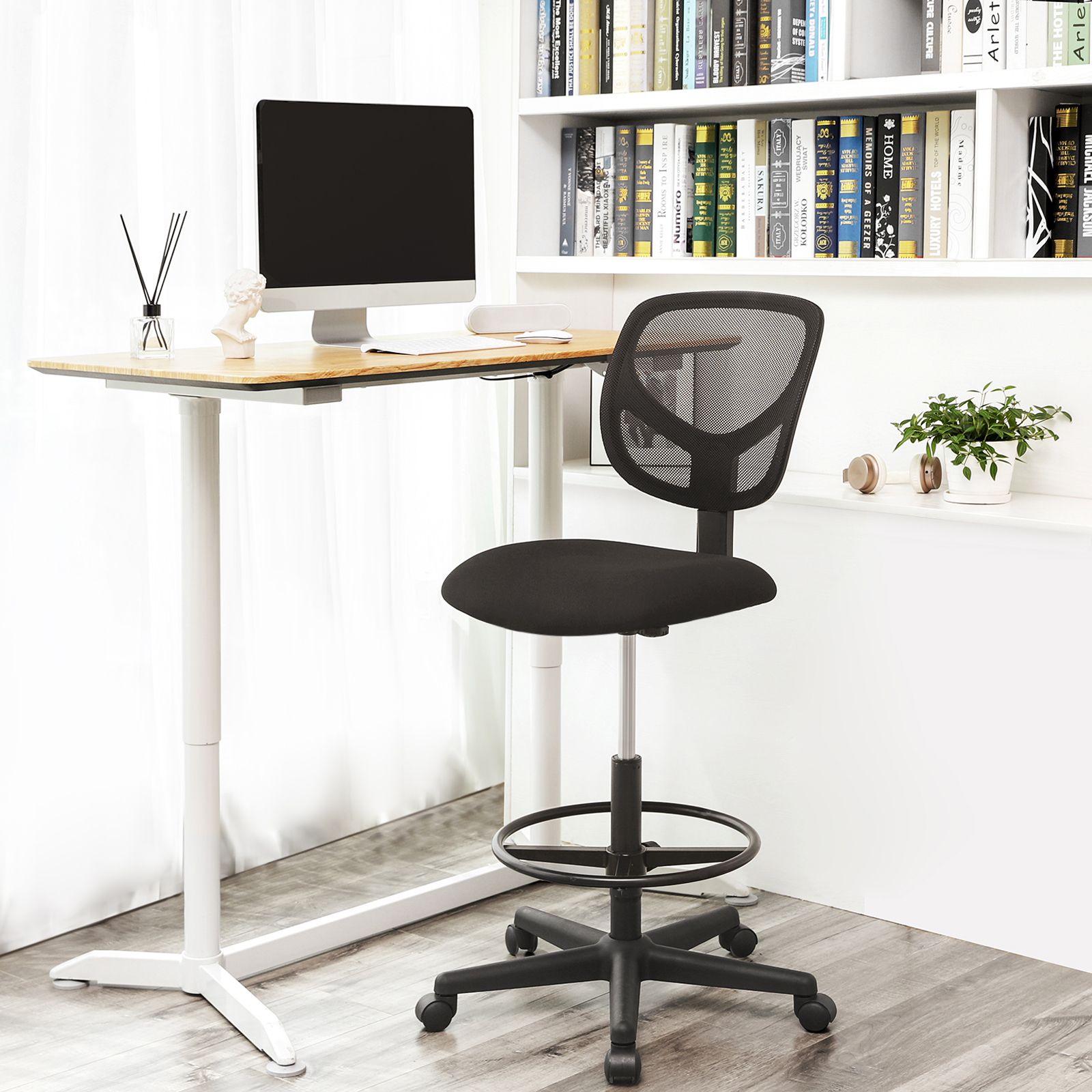 Drafting Stool Chair - Mesh - Black - Ergonomic Design with Adjustable Height Footrest