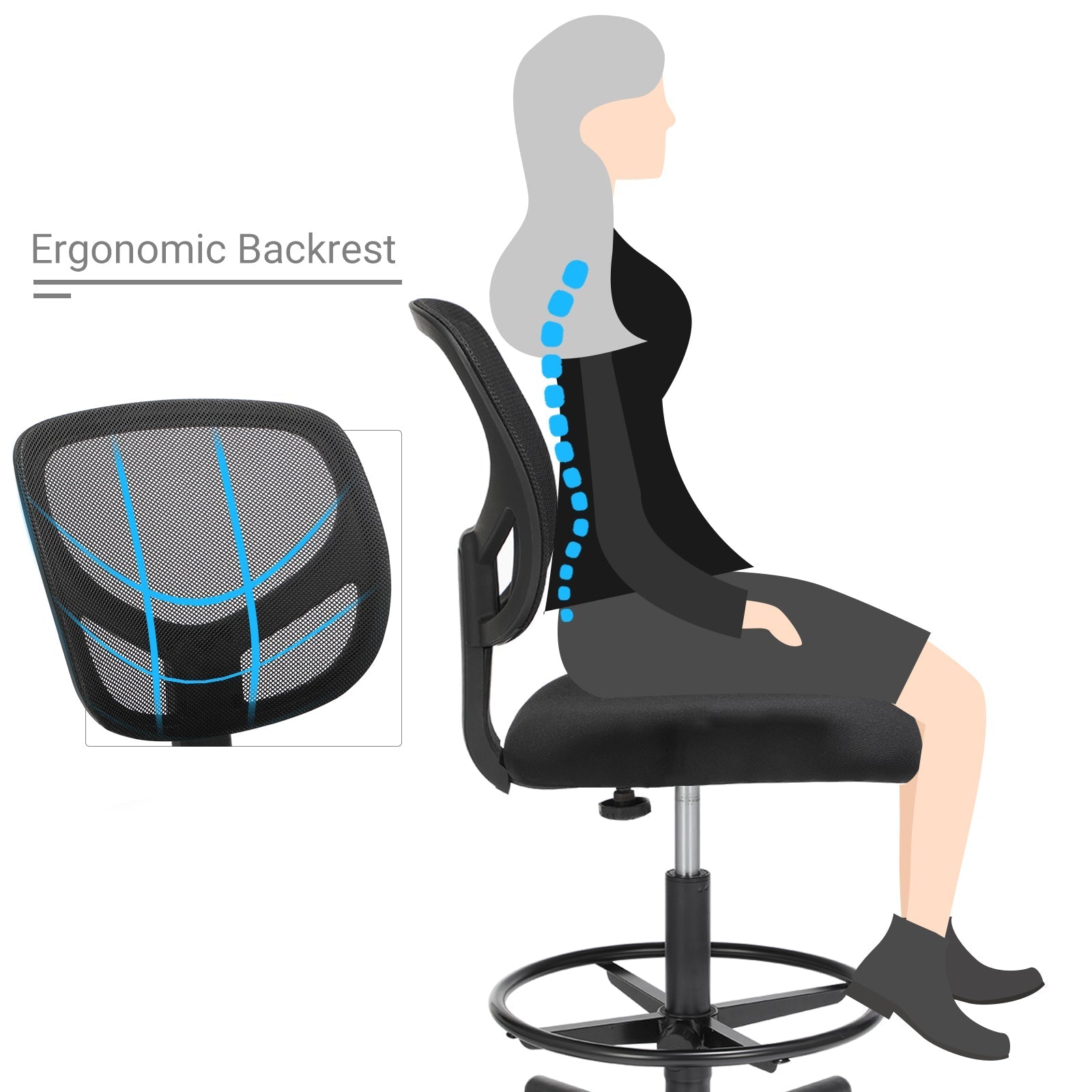 Drafting Stool Chair - Mesh - Black - Ergonomic Design with Adjustable Height Footrest